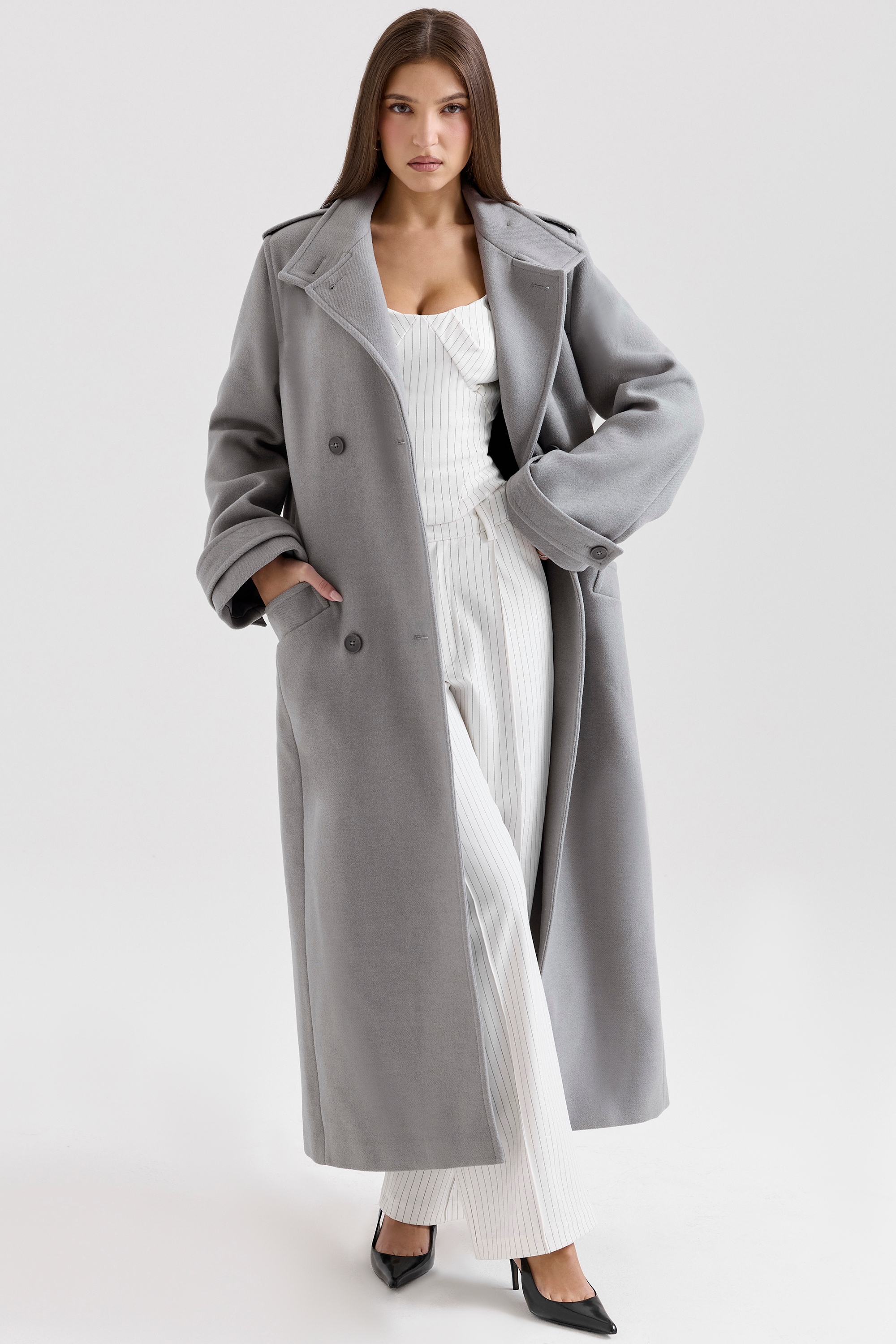 Sander-Grey Double Breasted Funnel Neck Coat