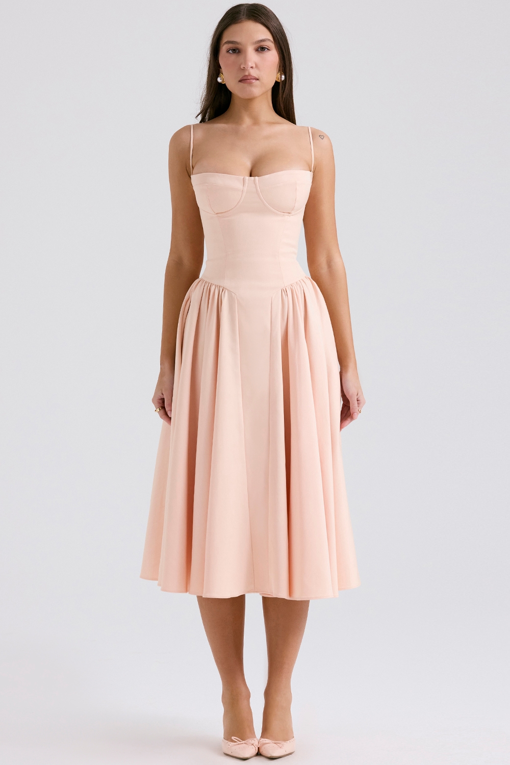 Samaria-Peach Parfait Twill Corset Midi Dress