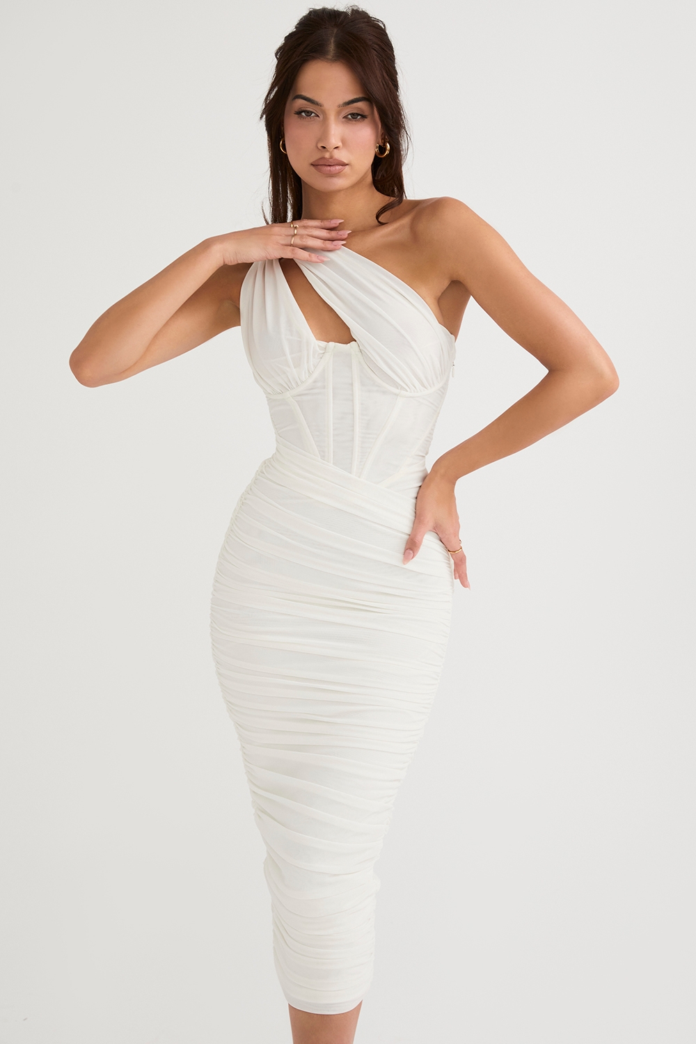 Valentina-Ivory Asymmetric Cutout Midi Dress