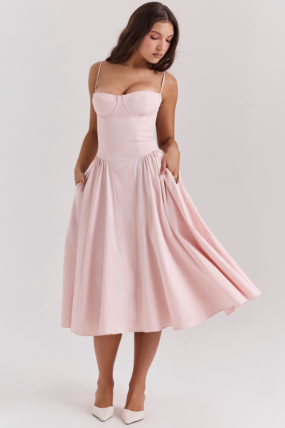 Samaria-Ballerina Pink Twill Corset Midi Dress
