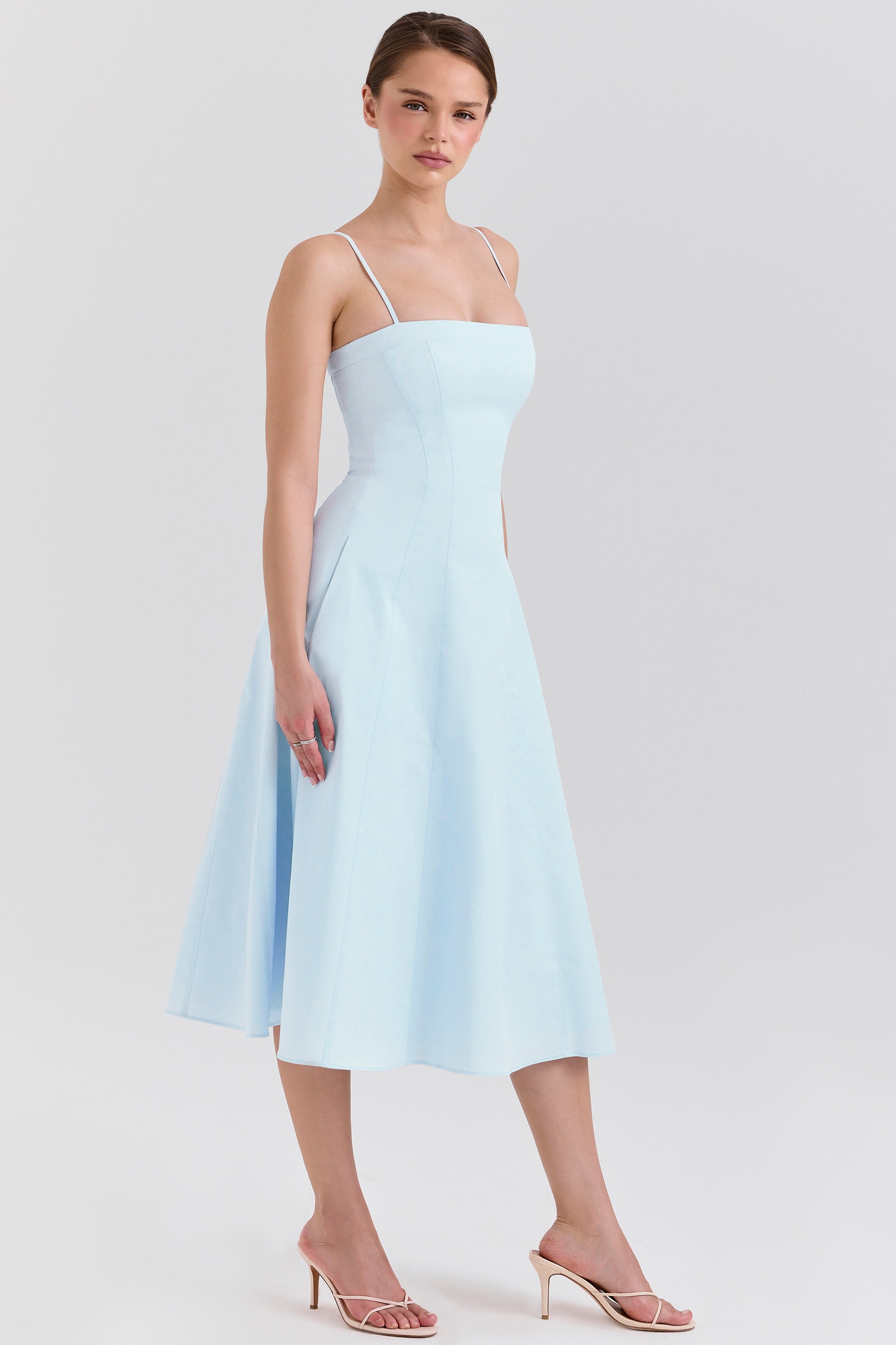 Dolly-Soft Blue Stretch Cotton A-Line Midi Sundress