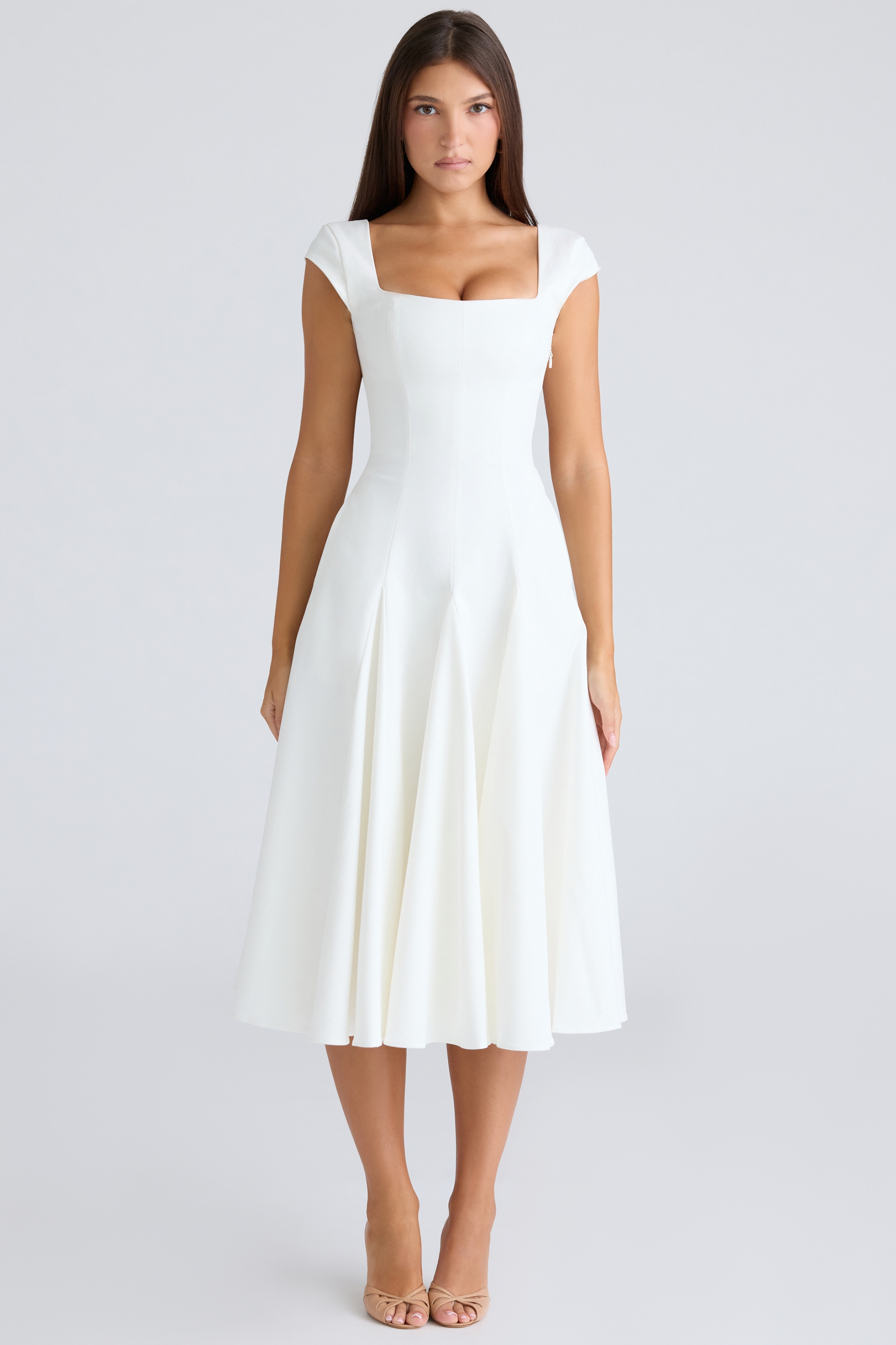 Raisa-White Square Neck Twill Midi Dress