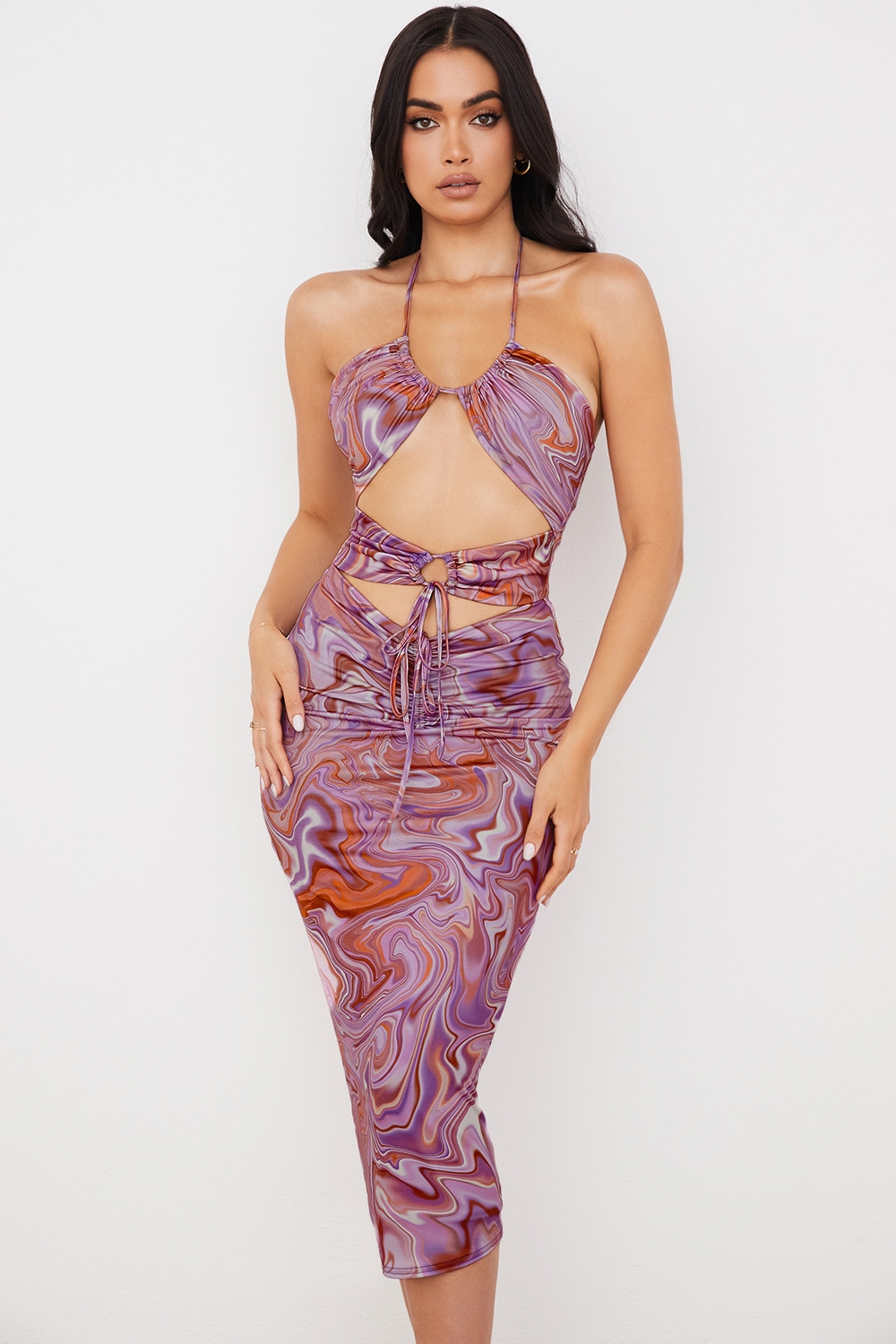 Kasia-Purple Swirl Cutout Midi Dress