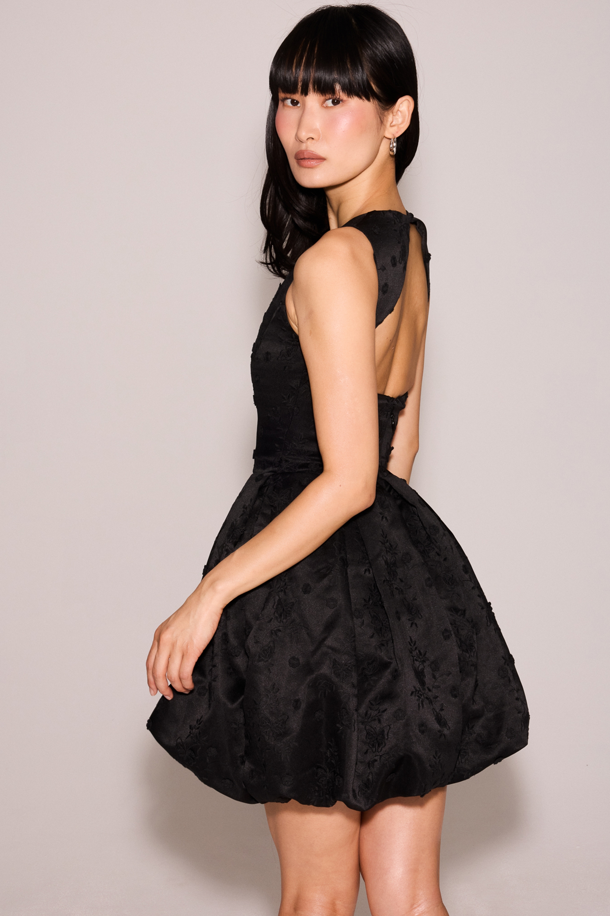 Melika-Black Backless Embroidered Mini Puffball Dress