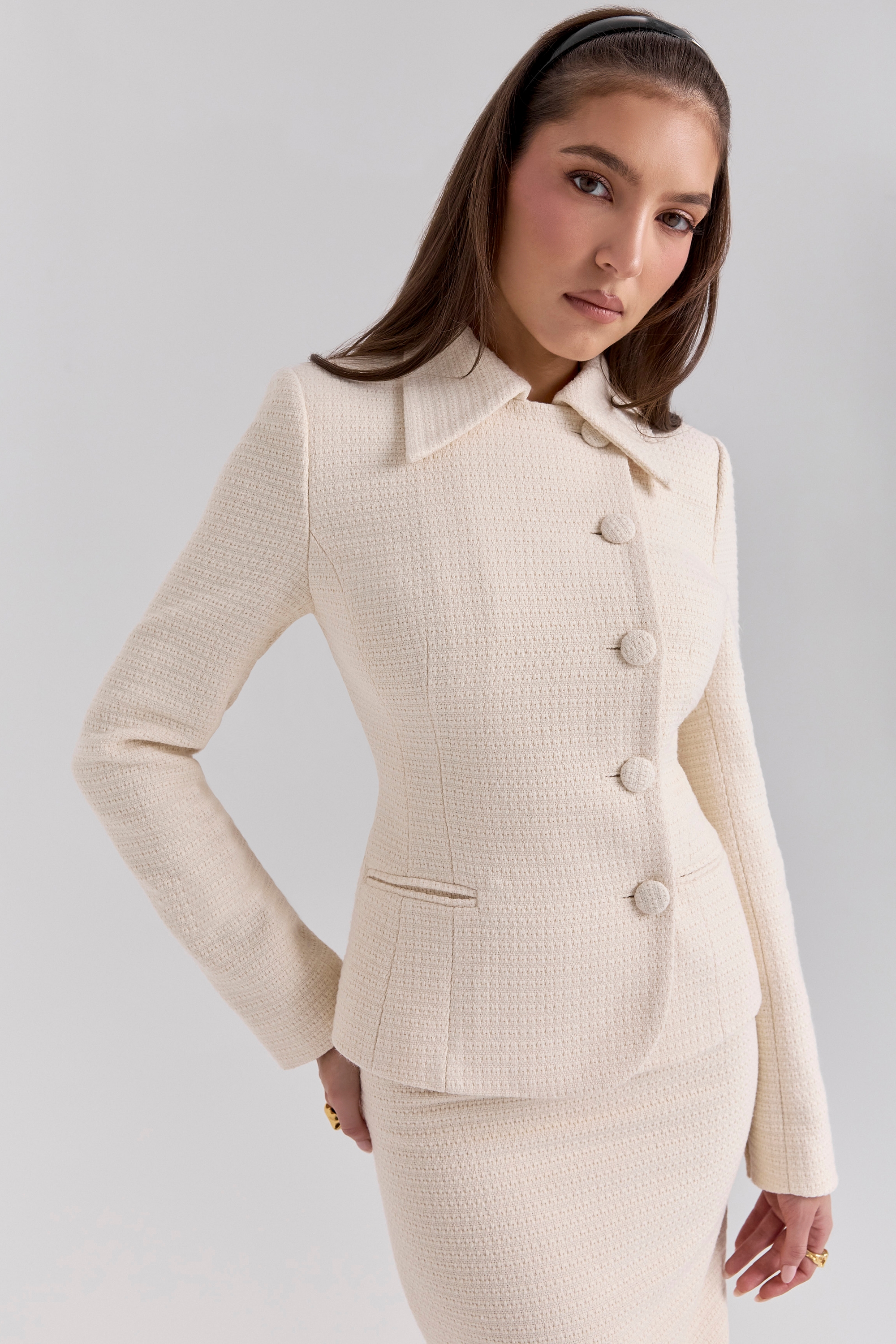 Misha-Cream Boucle Button Front Blazer