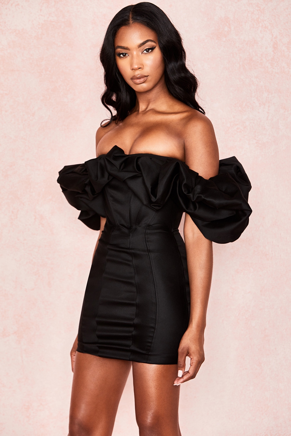 Selena-Black Satin Puff Shoulder Dress