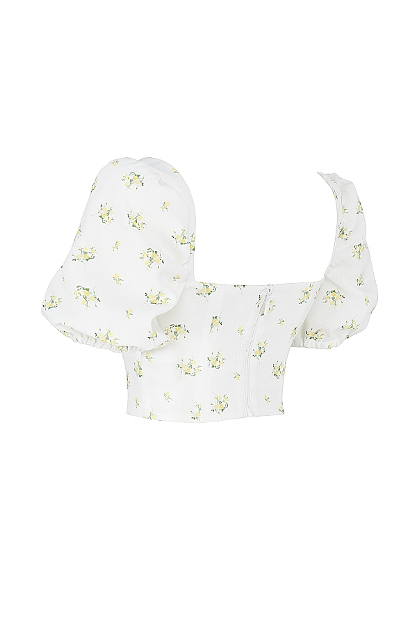 Arianna-Ivory Floral Puff Sleeve Cropped Top