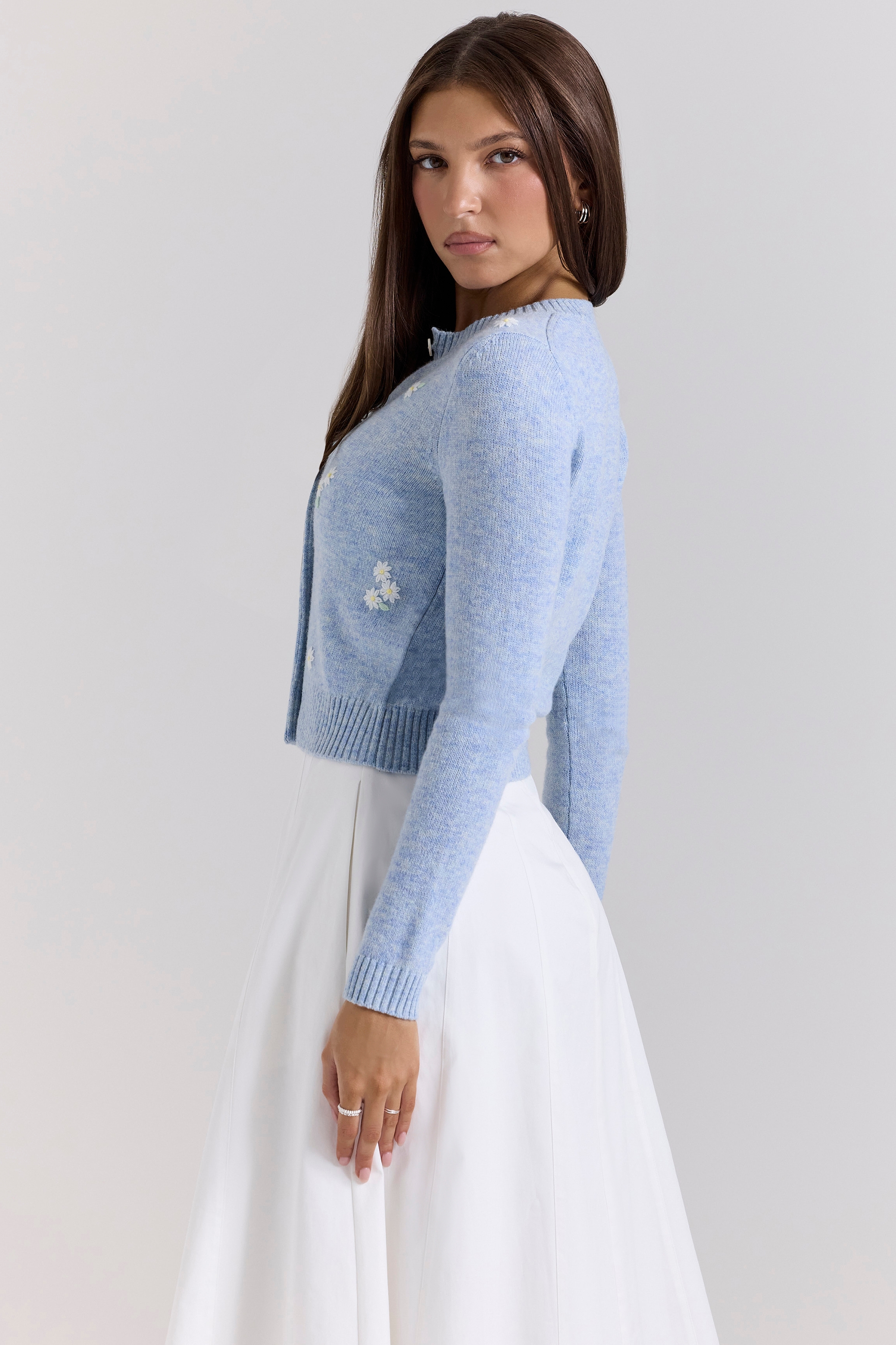 Atheia-Blue Lambswool Floral Embroidered Cardigan