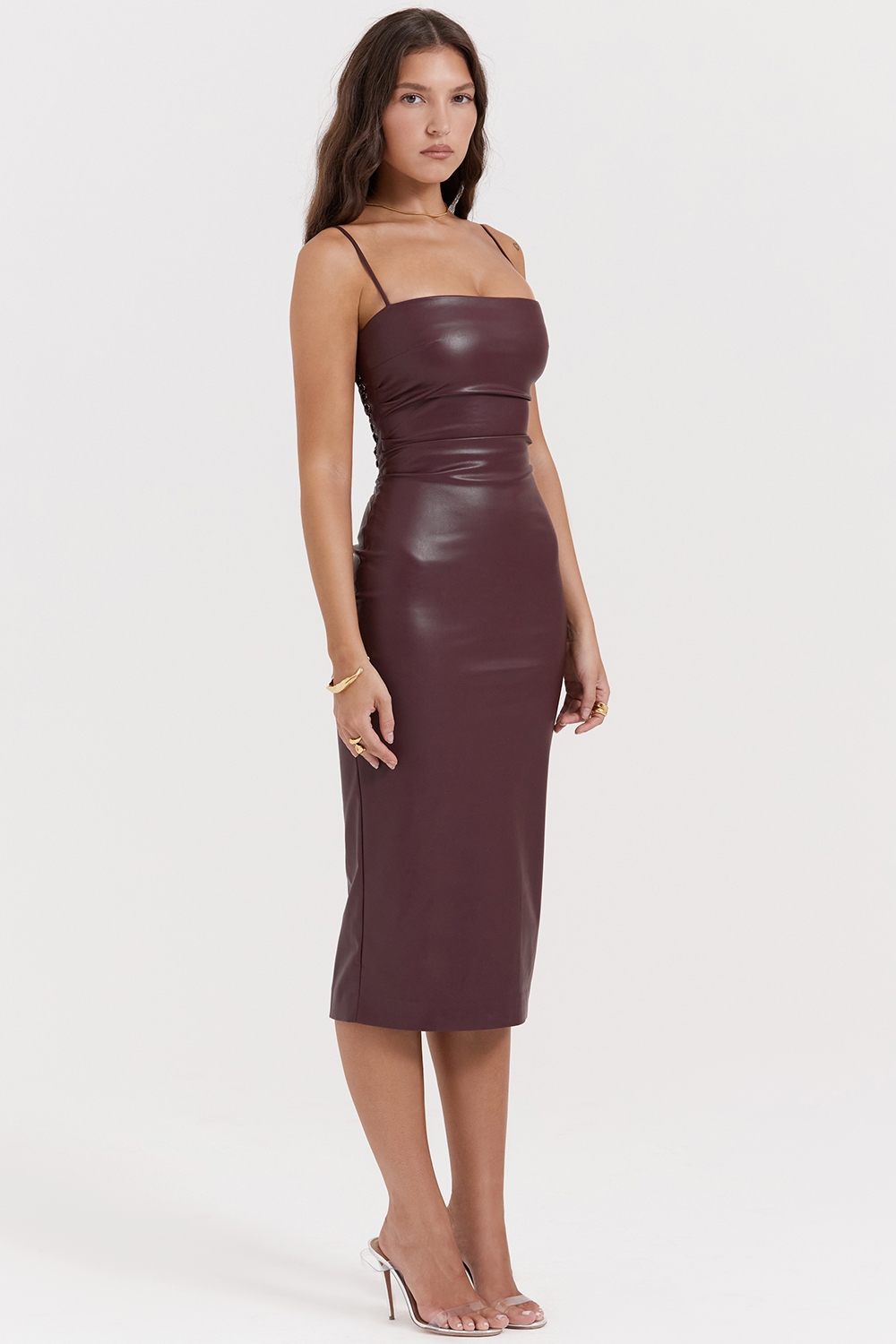 Jalena-Mulberry Vegan Leather Lace Back Dress