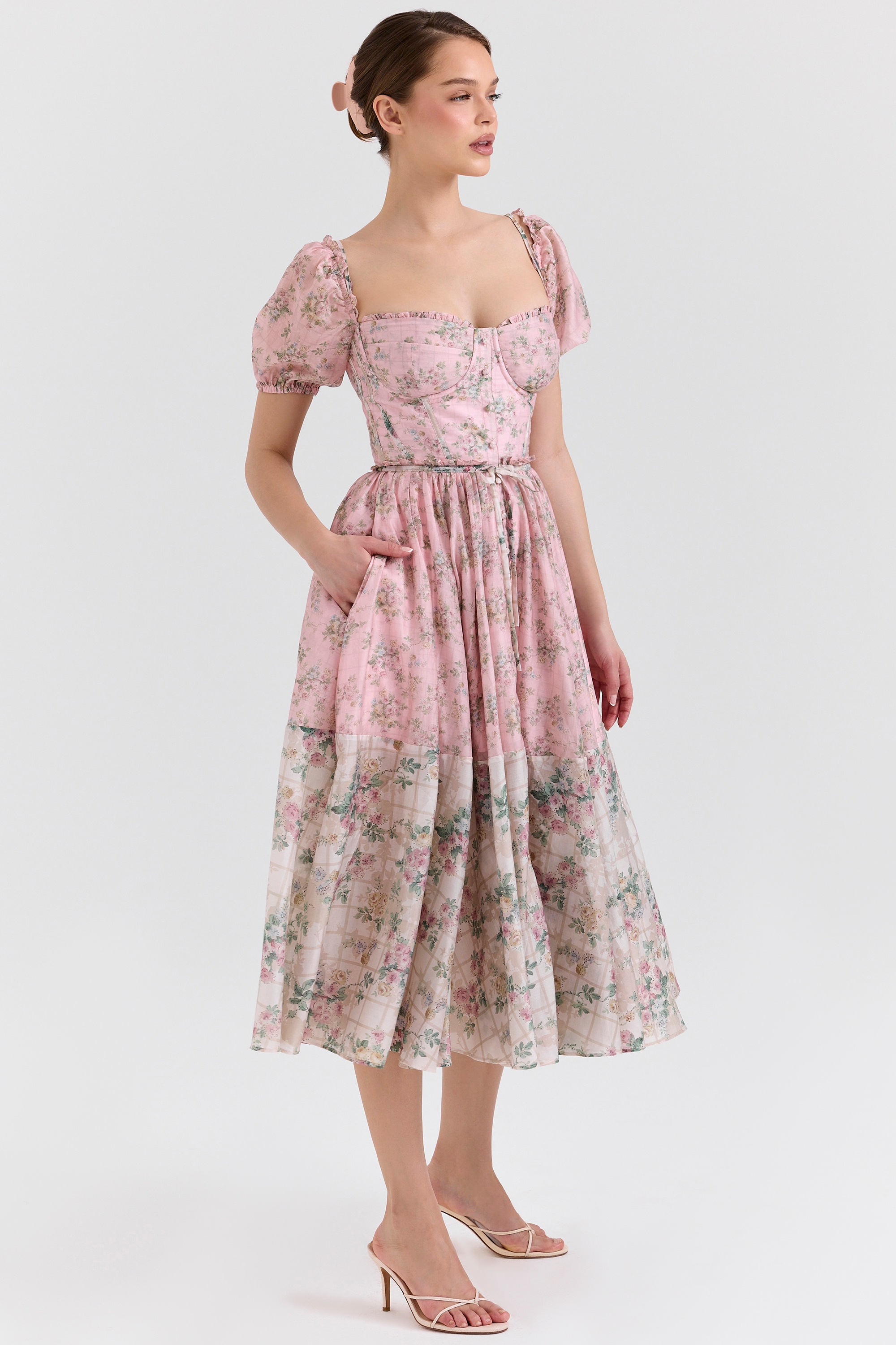 Penelope-Pink Floral Chiffon Midi Dress