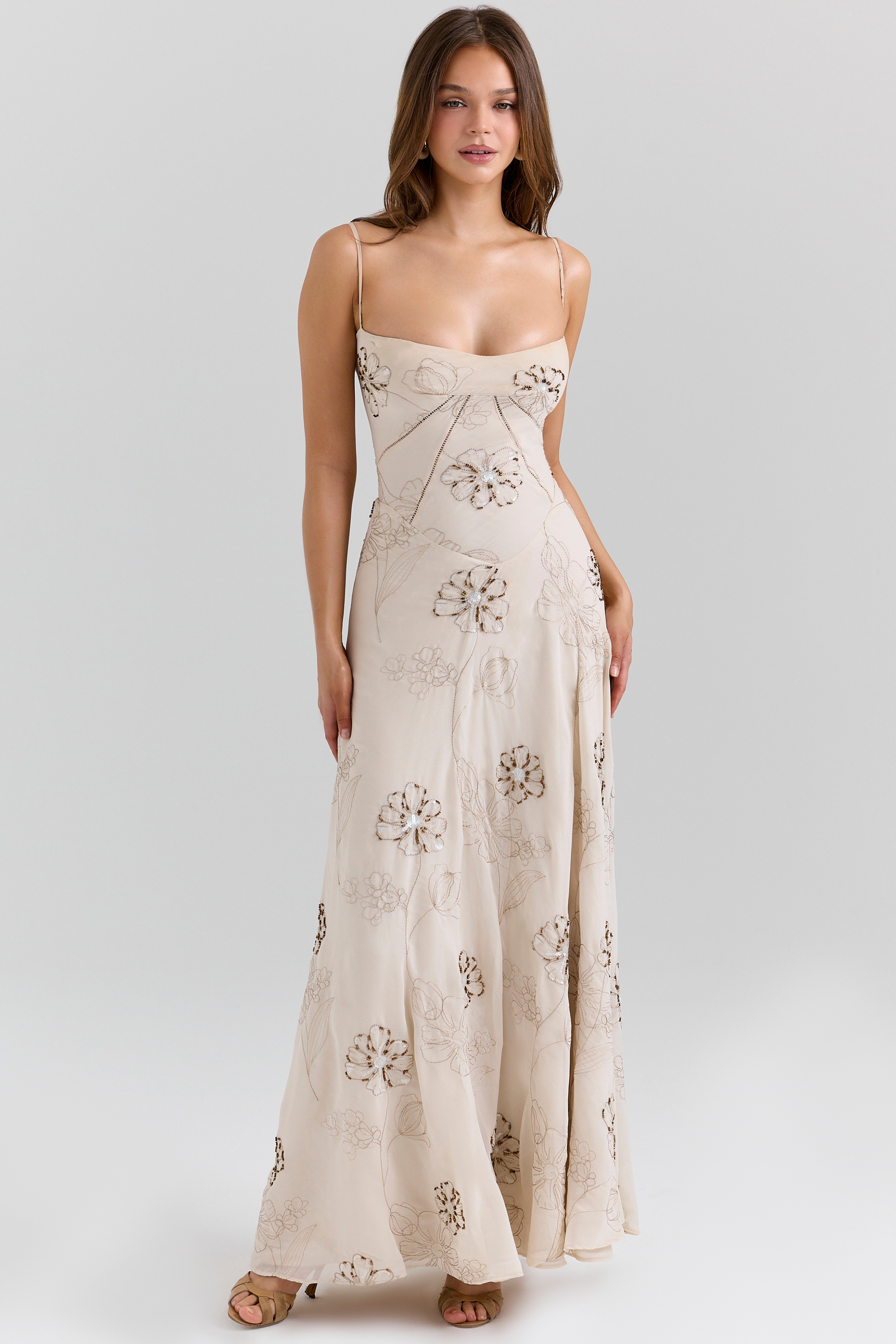 Seren-Vanilla Embroidered Hand Beaded Floral Maxi Dress