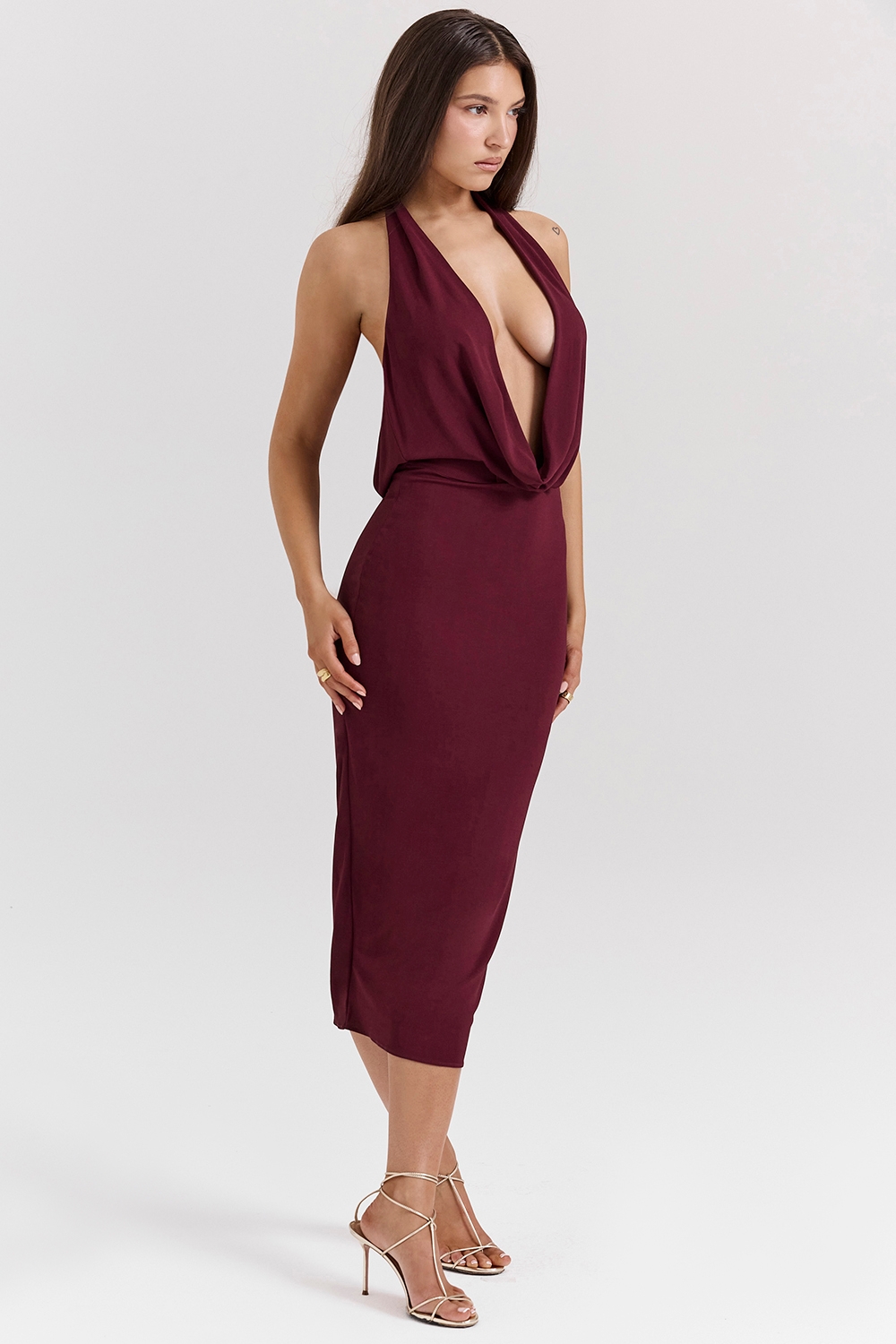 Florentina-Merlot Draped Midi Dress