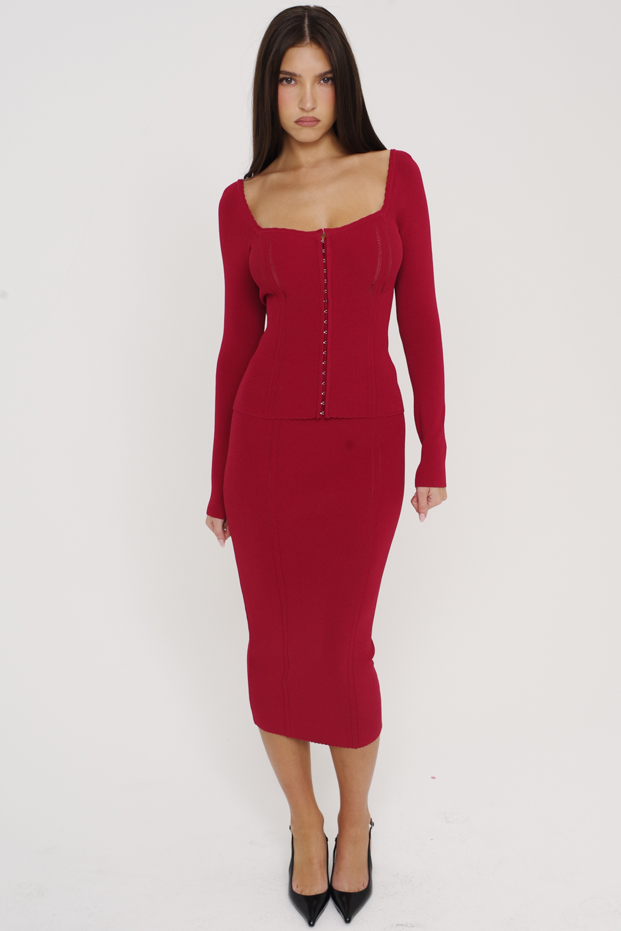 Eliane-Red Bodycon Knitted Midi Skirt