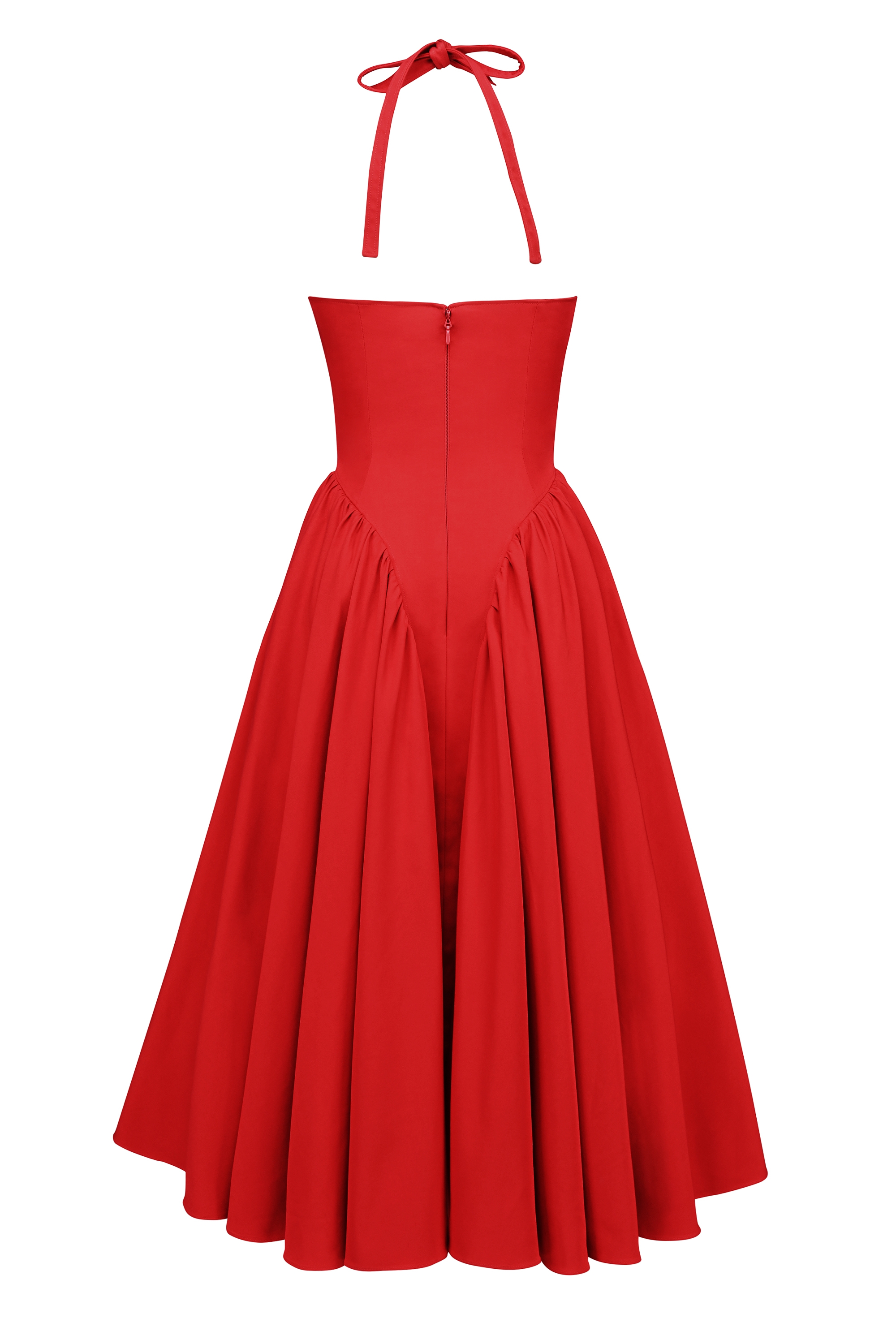 Marilyn-Red Twill Halter Midi Dress