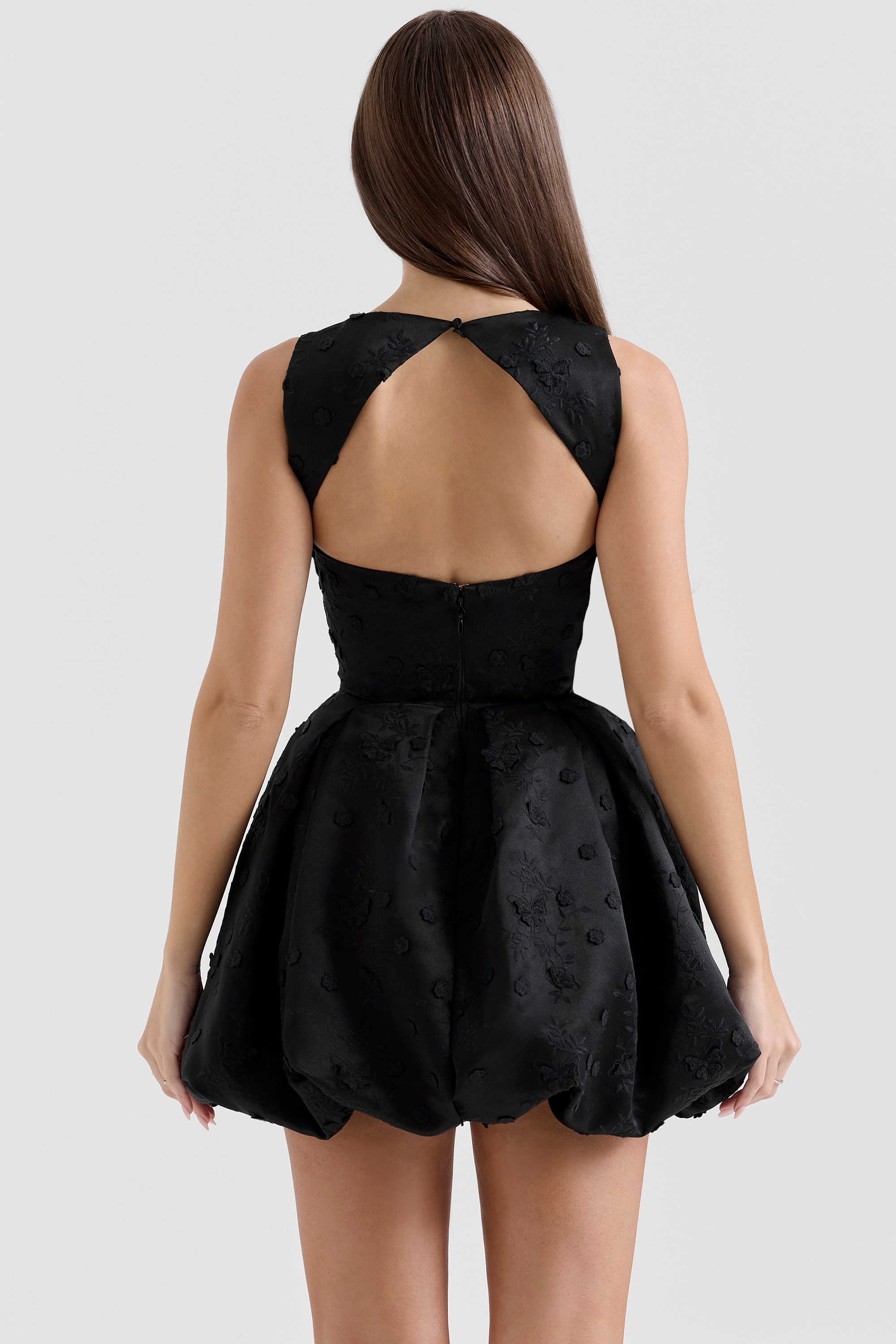 Melika-Black Backless Embroidered Mini Puffball Dress