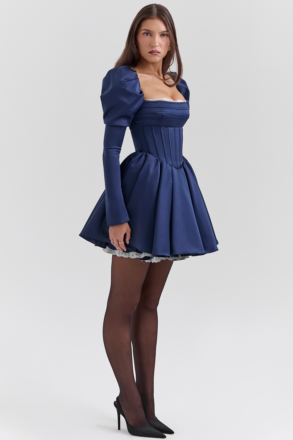 Venetia-Midnight Satin Puff Sleeve Mini Dress - SALE