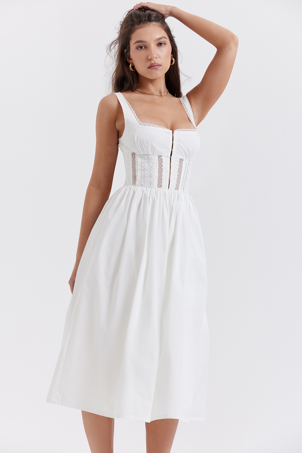 Perle-White Lace Trim Midi Dress