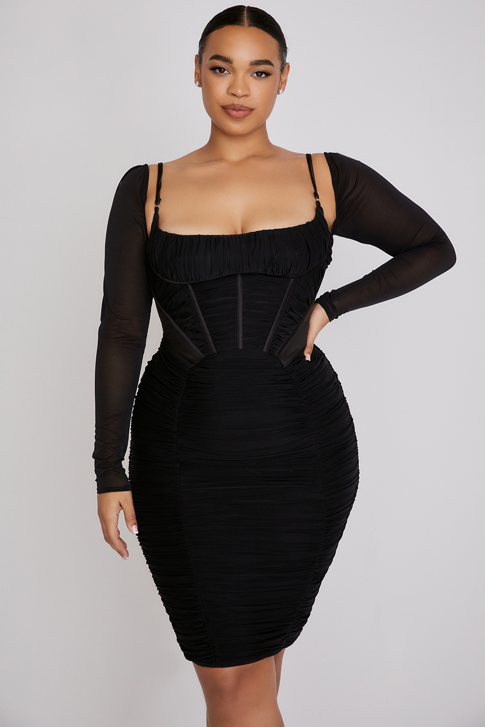 Freyja-Black Gathered Corset Dress