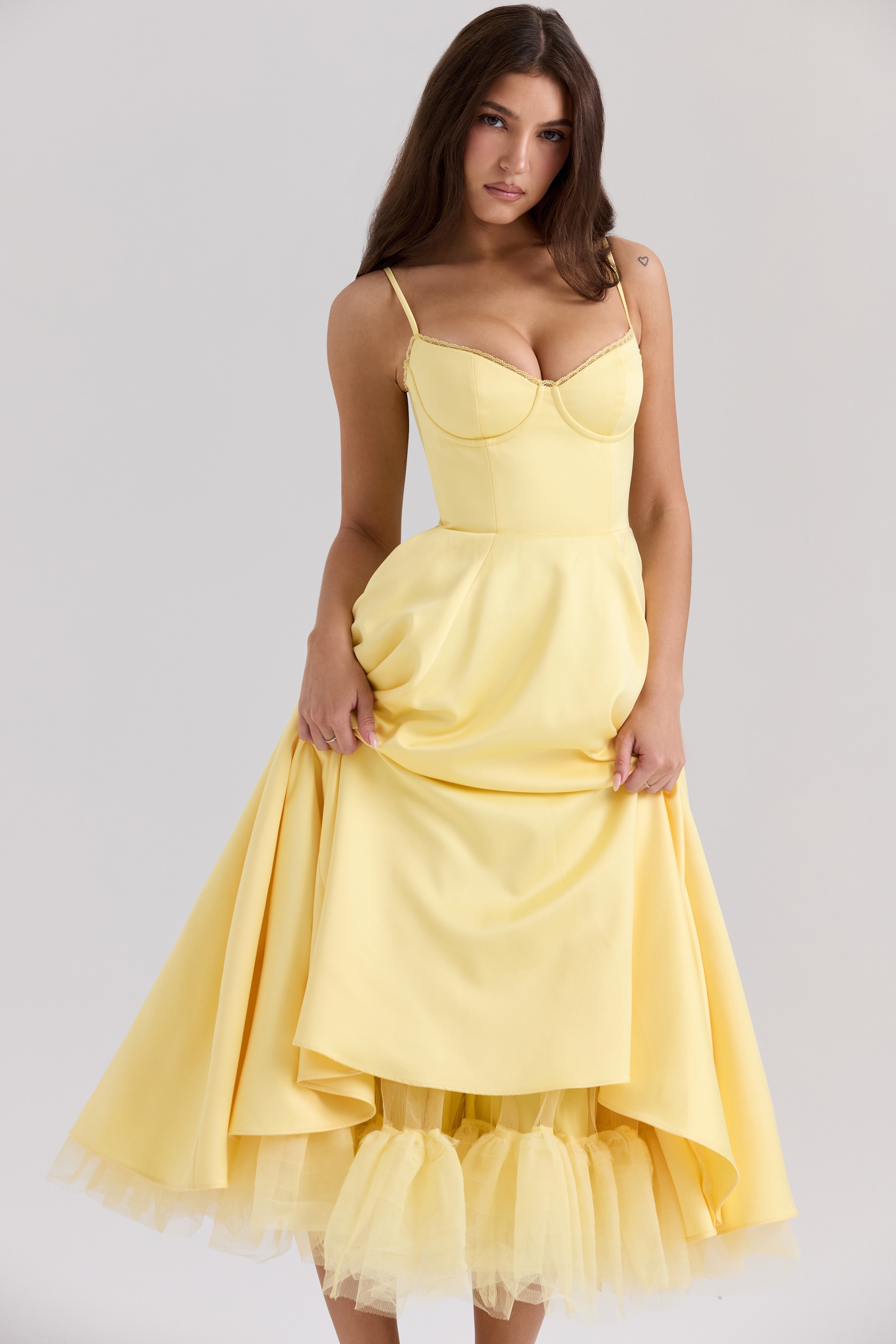 Mademoiselle-Sunshine Yellow Satin Tulle Midi Dress