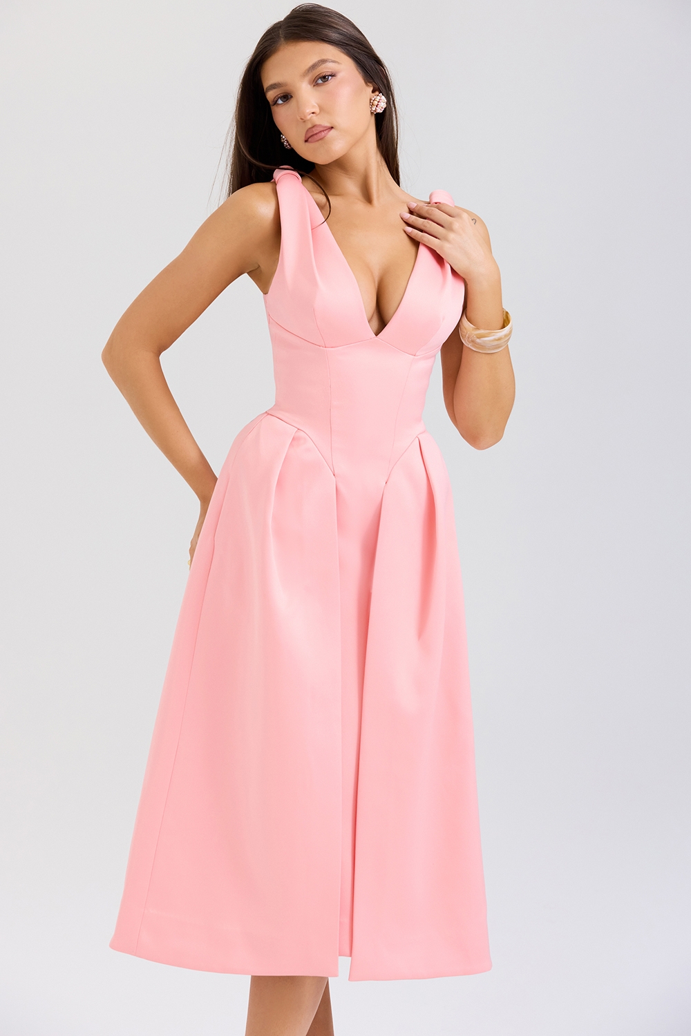 Paloma-Peach Satin Pleated Midi Dress - SALE