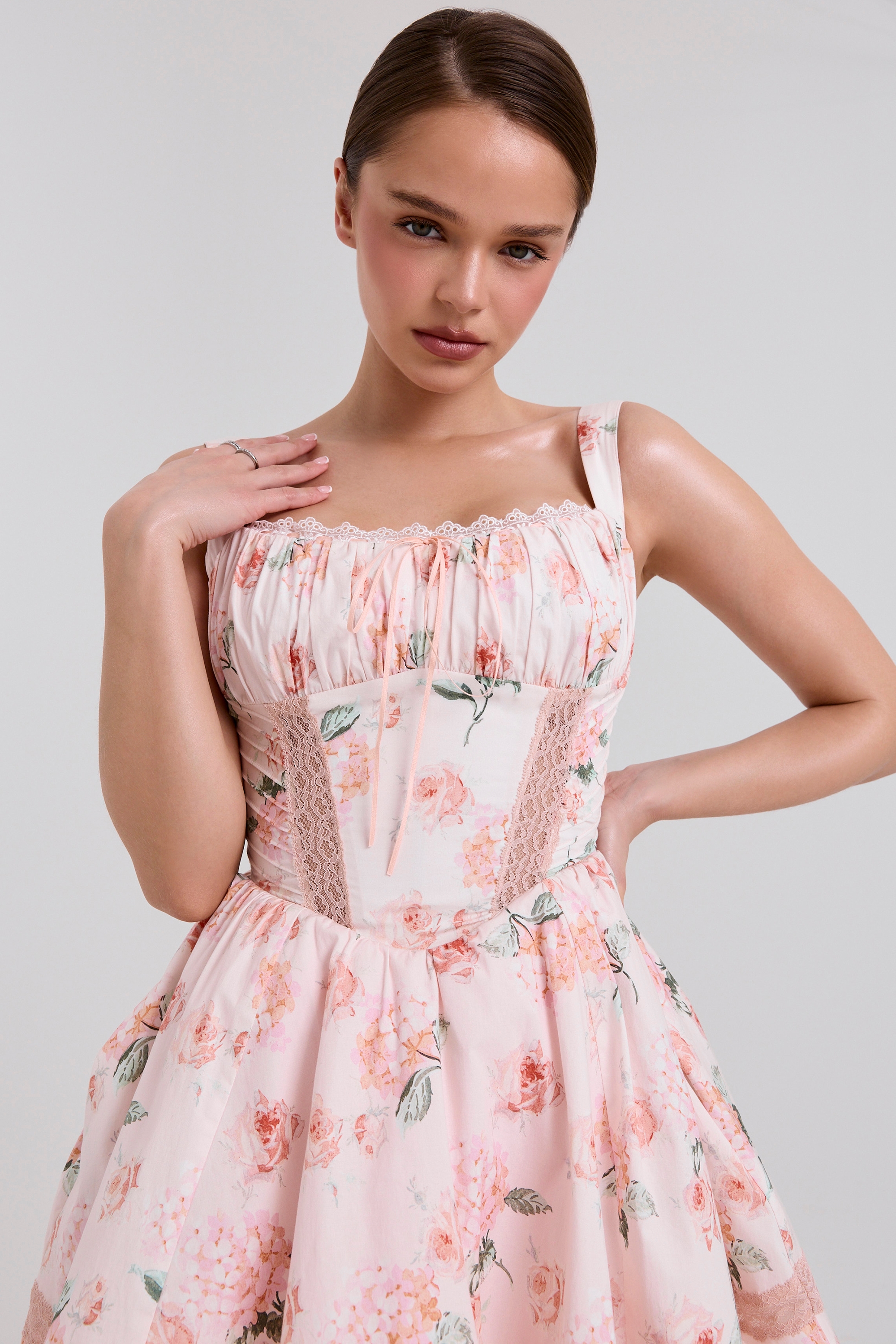 Kimmie-Peach Floral Rose Print Cotton Mini Dress