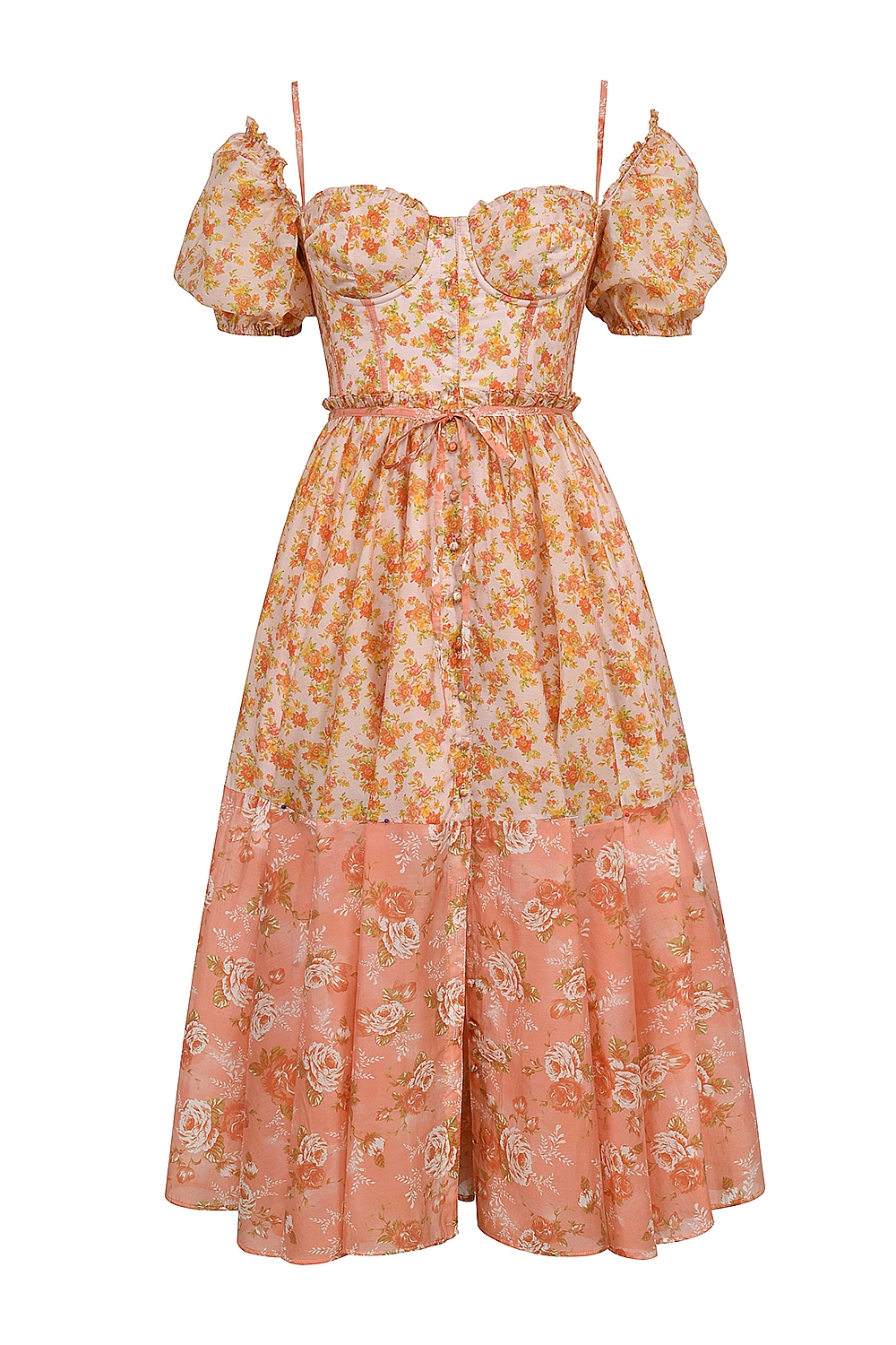 Penelope-Peach Poppy Print Puff Sleeve Midi Sundress