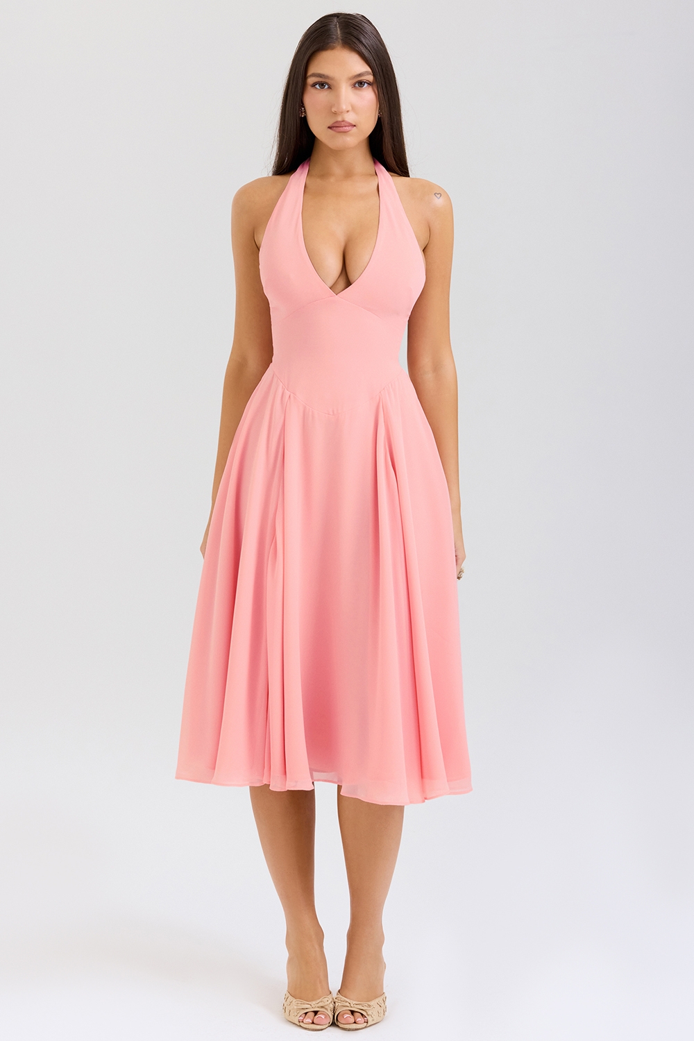 Solada-Peach Georgette Halter Sundress
