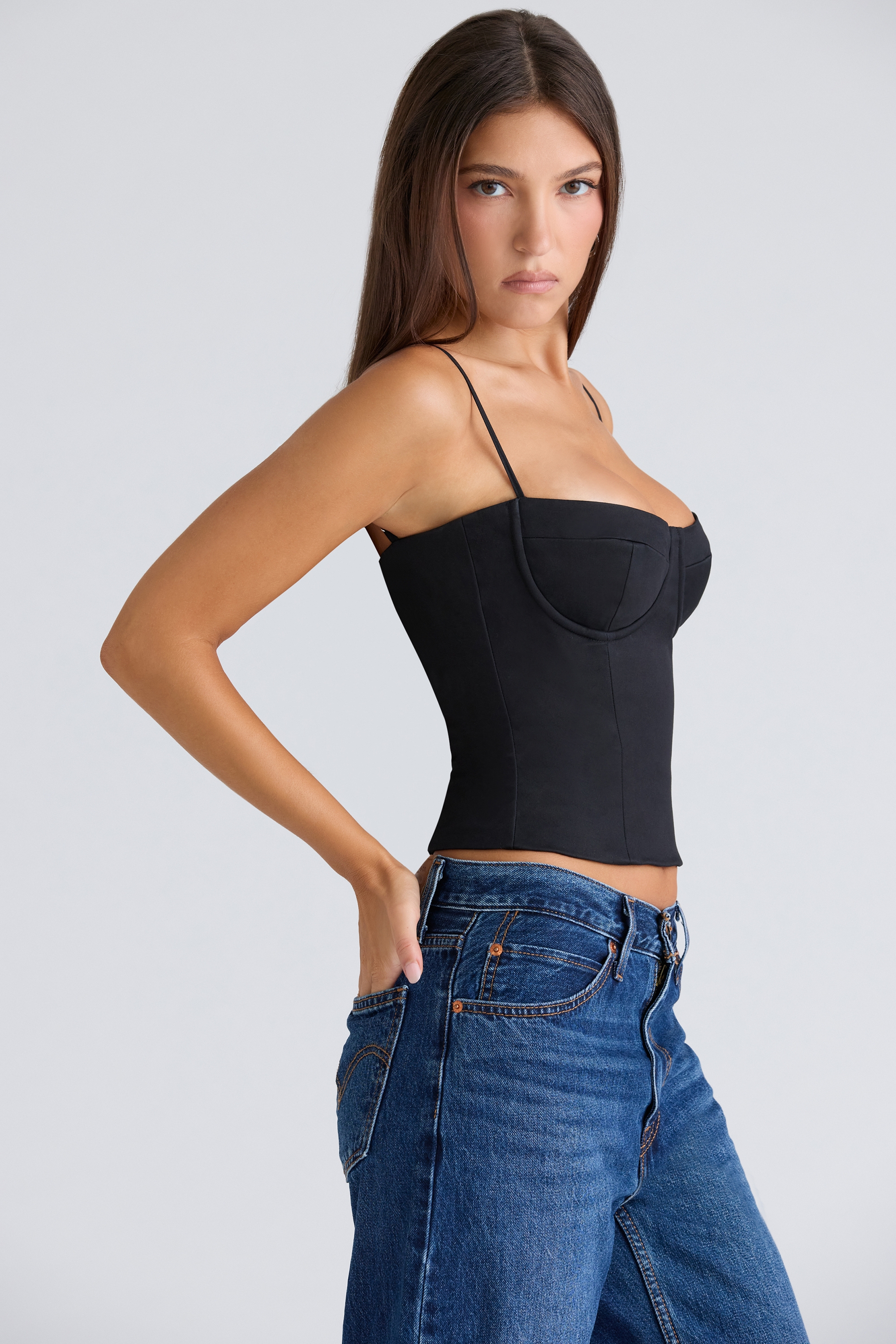 Samaria-Black Stretch Twill Cupped Corset Top