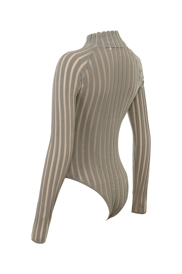 Rowena-Grey Velour Sheer Striped Bodysuit
