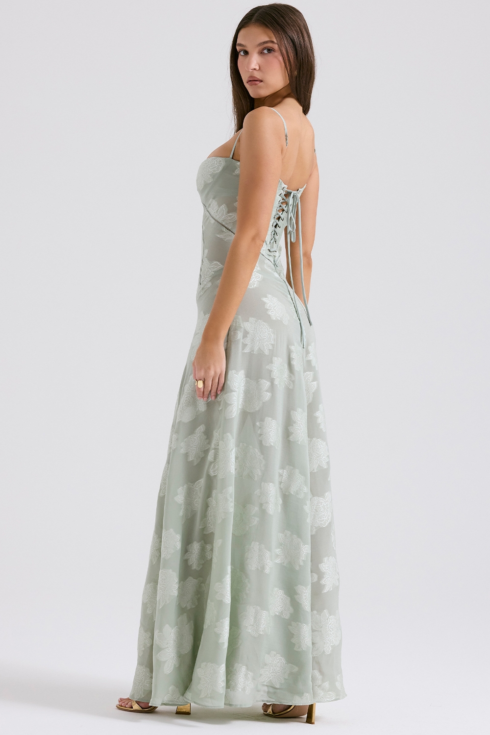 Seren-Pistachio Floral Lace Back Maxi Dress