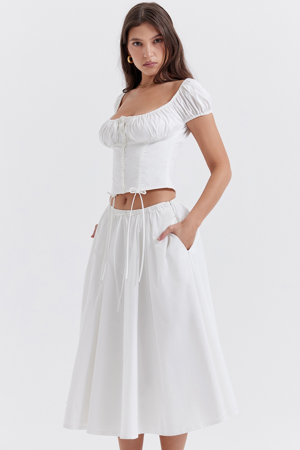 Cora-White Gathered Midi Skirt