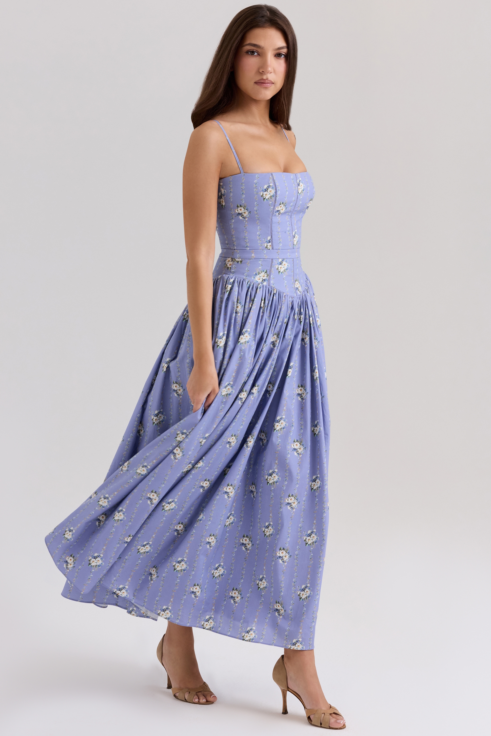 Ysabella-Blue Daisy Print Stretch Cotton Midi Sundress