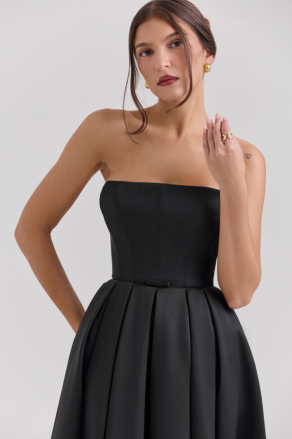 Contessa-Black Strapless Satin Corset Midi Dress - SALE