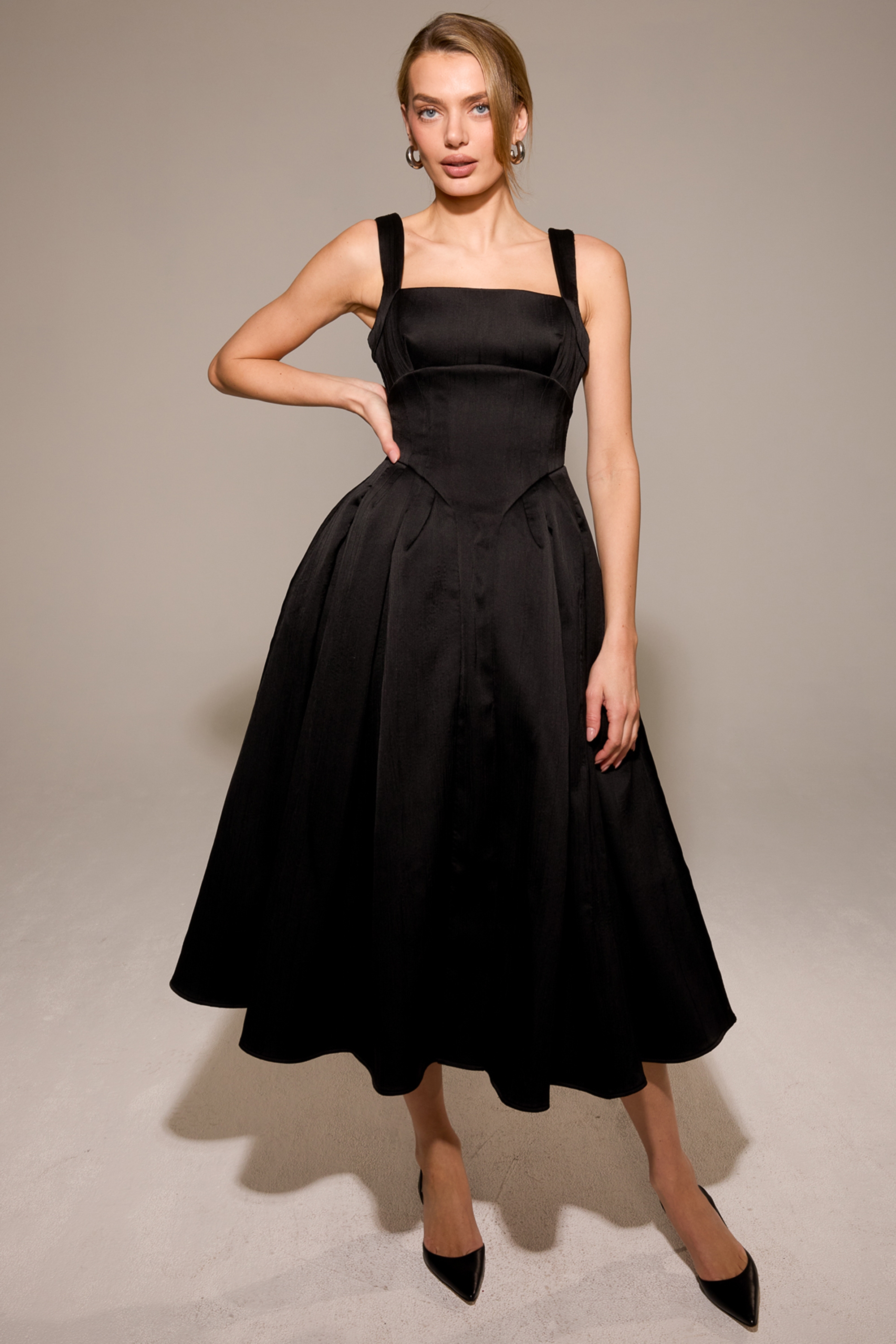 Isabeau-Black Textured Satin Corset Midi Dress