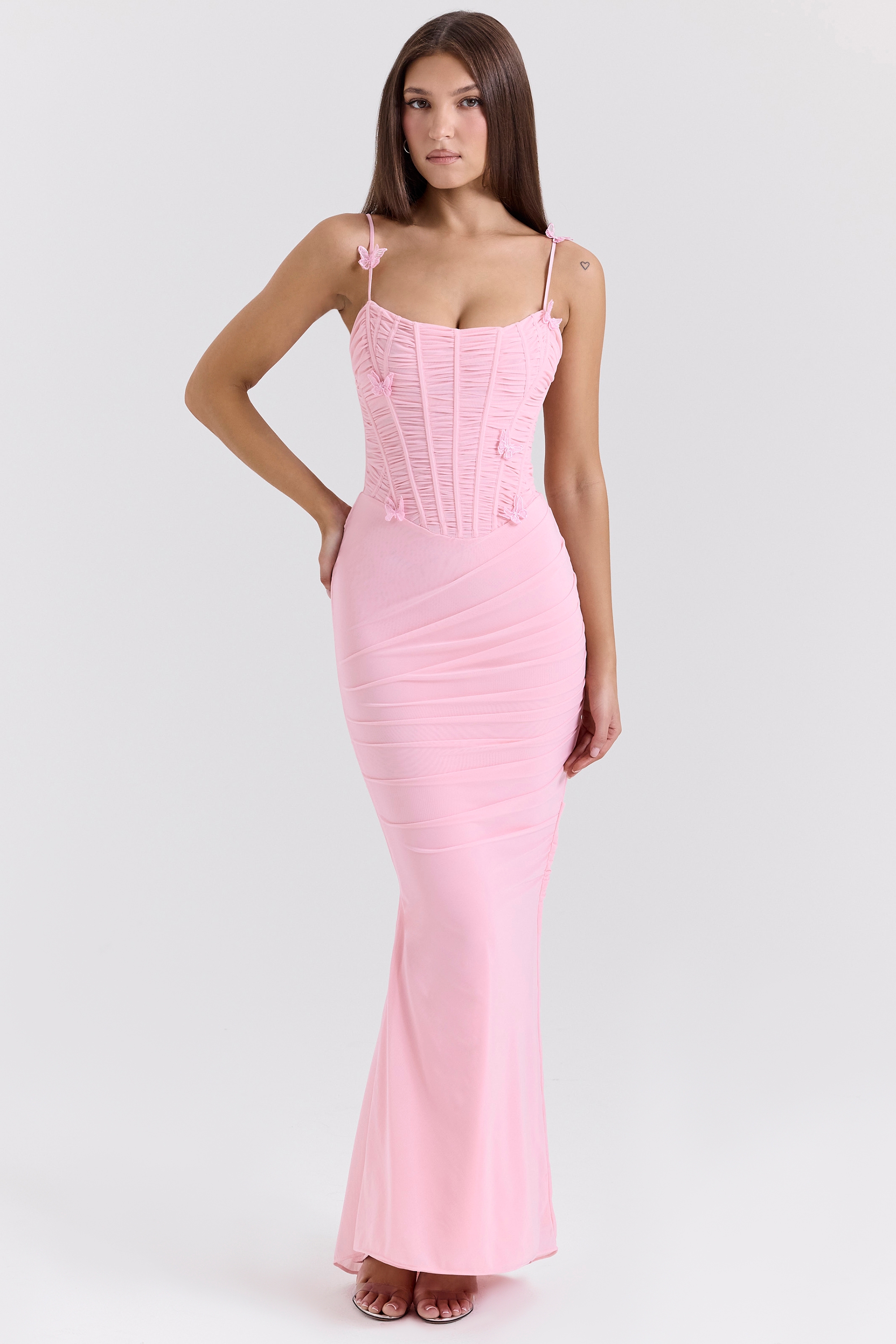 Romola-Pink Stretch Mesh Butterfly Maxi Dress