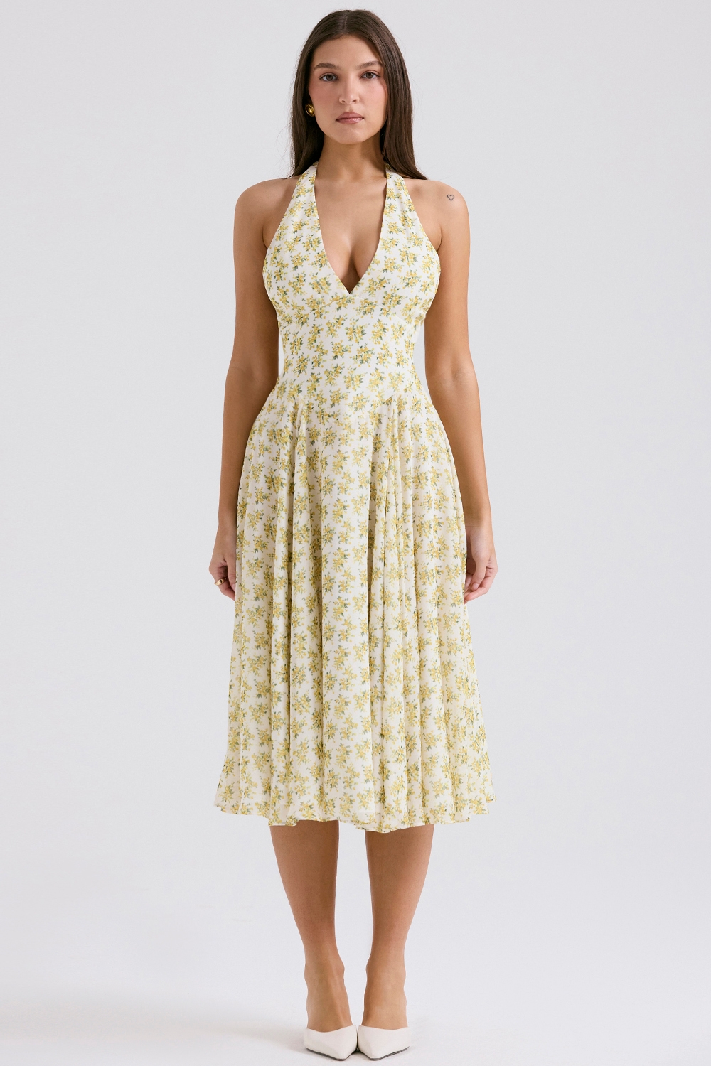 Solada-Ivory Vintage Floral Print Georgette Halter Sundress