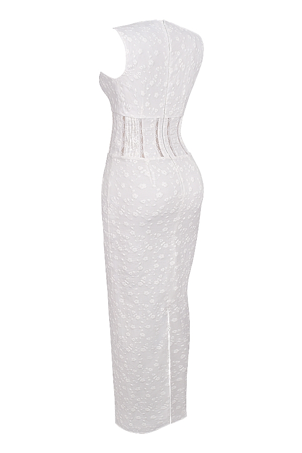 Sophina-White Cotton Broderie Anglais Plunge Maxi Dress