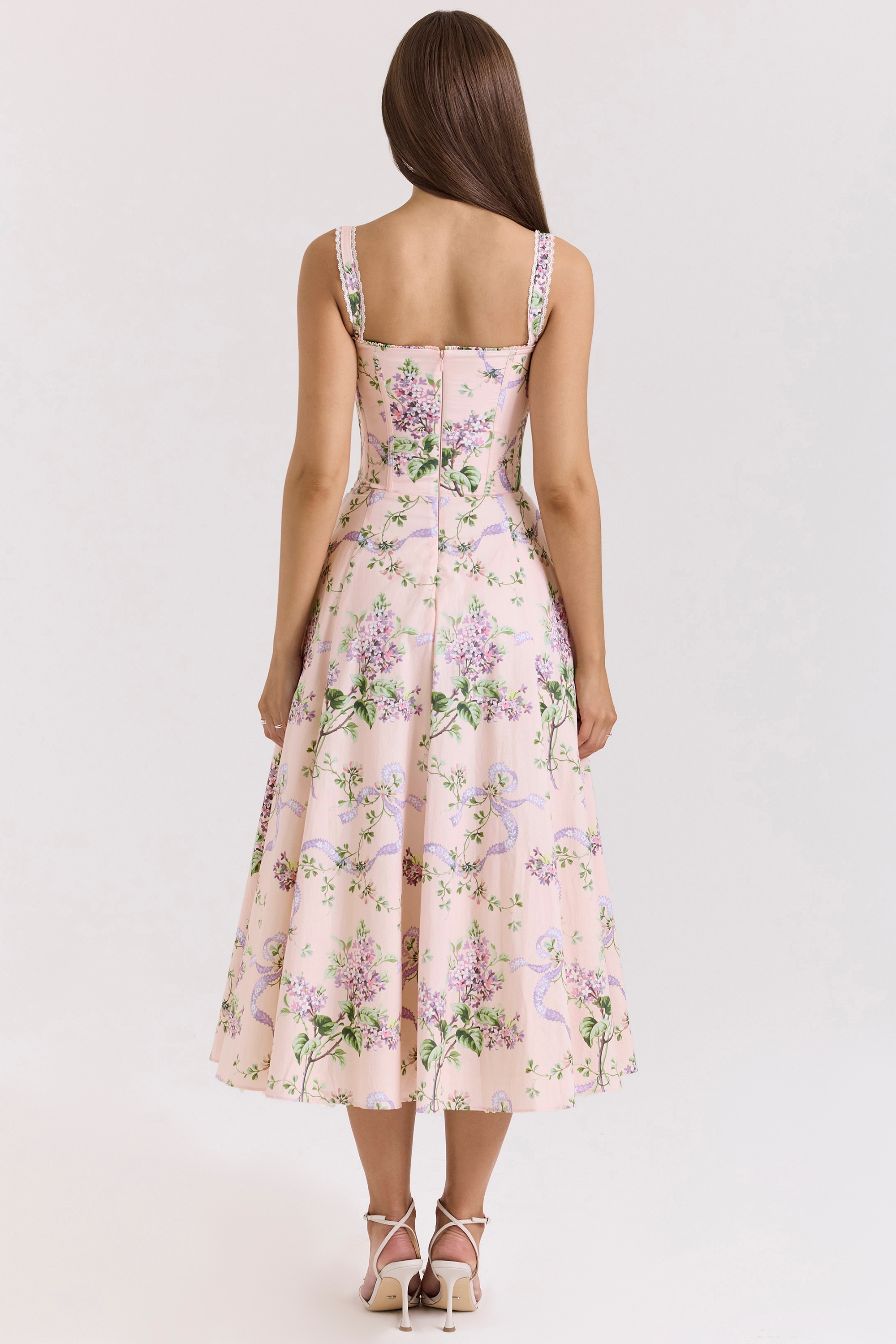 Rosalee-Pink Floral Corset Midi Dress