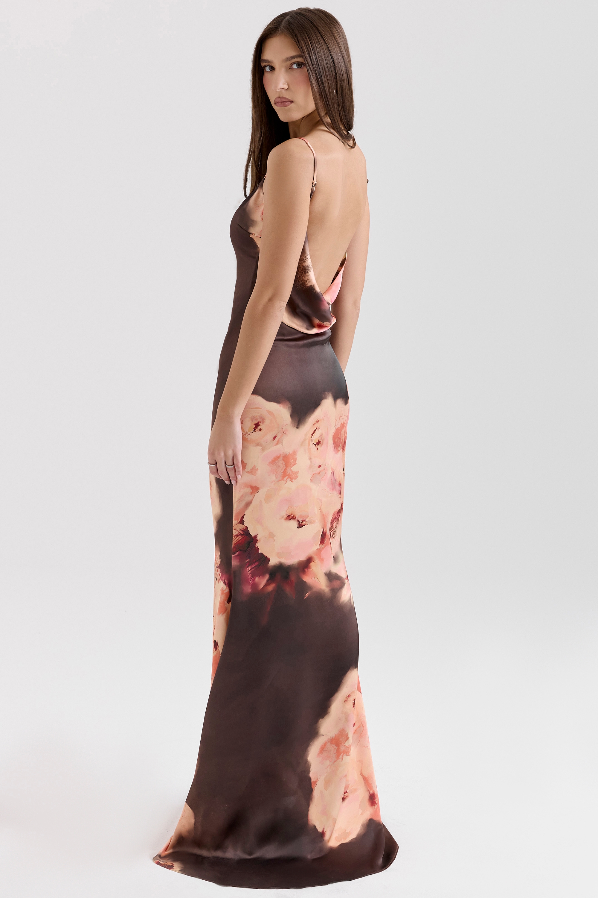 Mariamma-Dark Brown Floral Printed Satin Maxi Dress