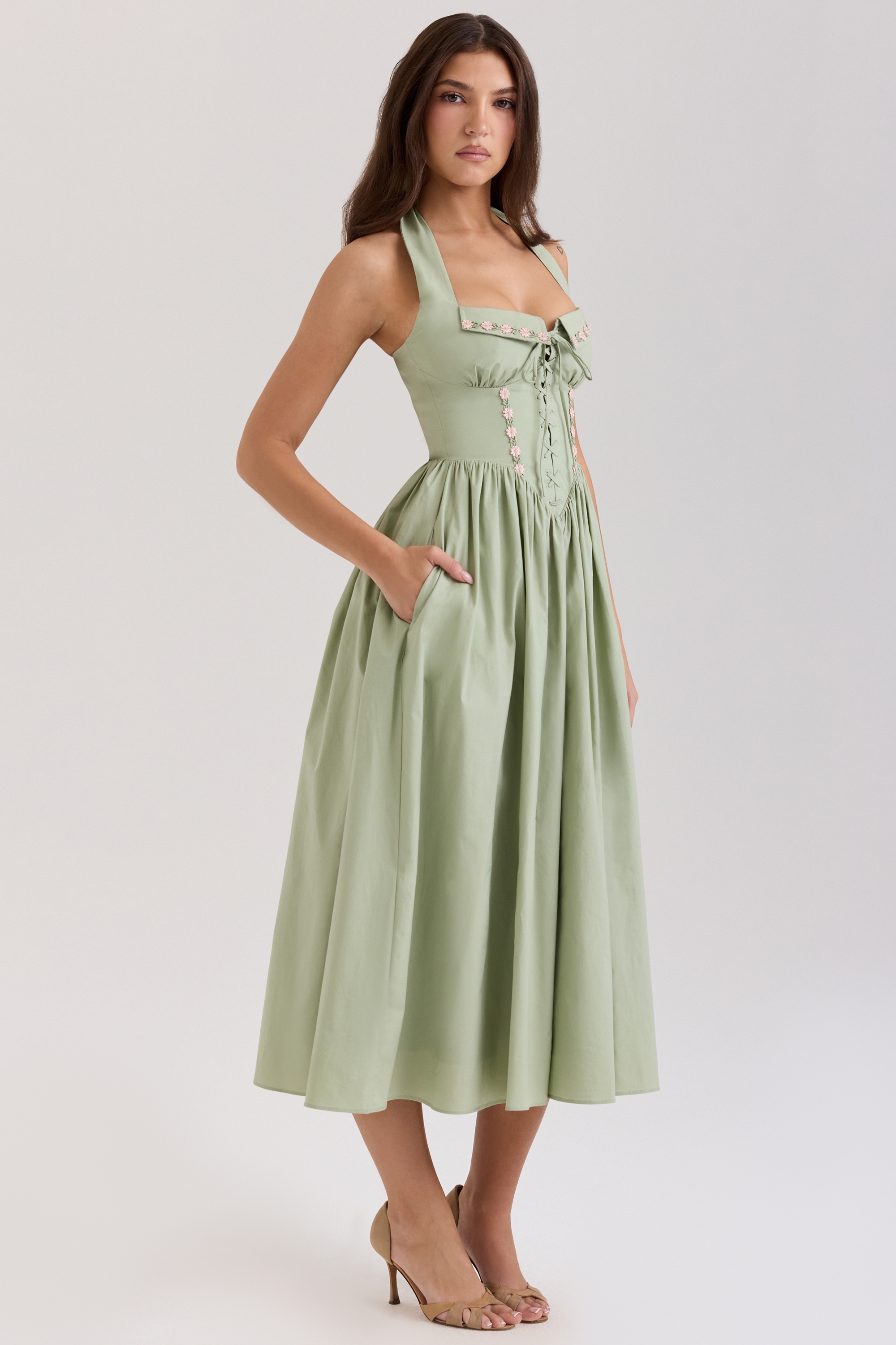 Emilia-Sage Stretch Cotton Halter Neck Midi Dress