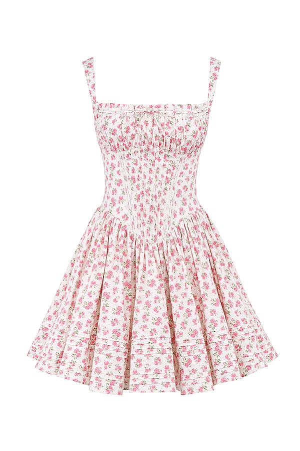 Natassia-White Rosebud Print Cotton Mini Dress