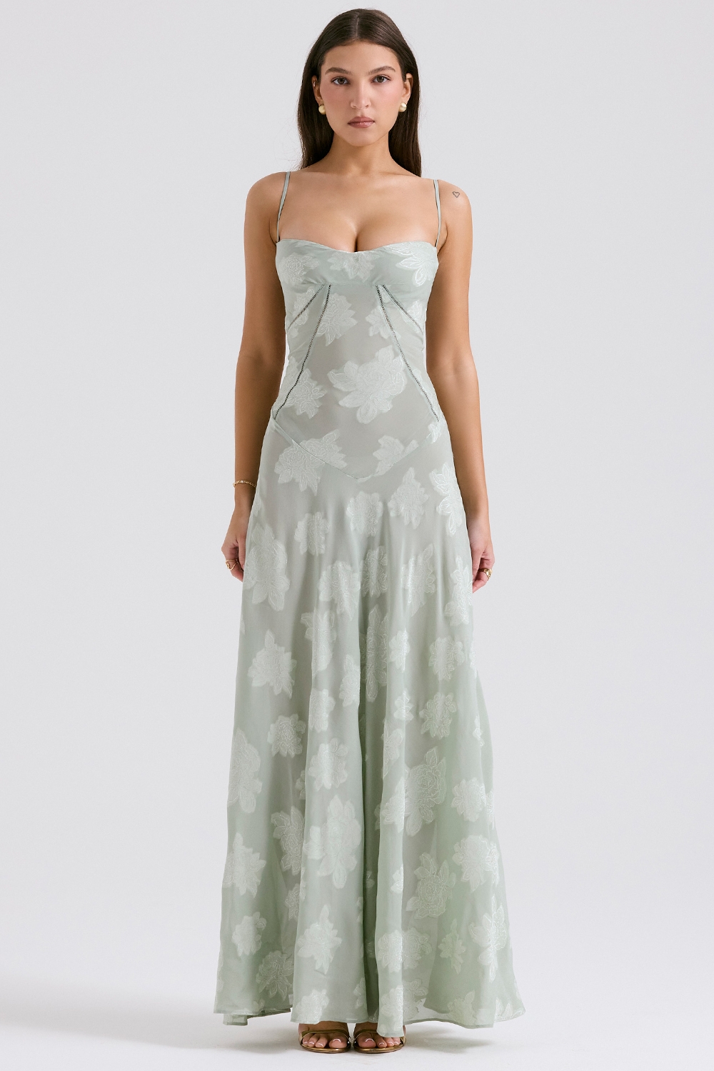 Seren-Pistachio Floral Lace Back Maxi Dress