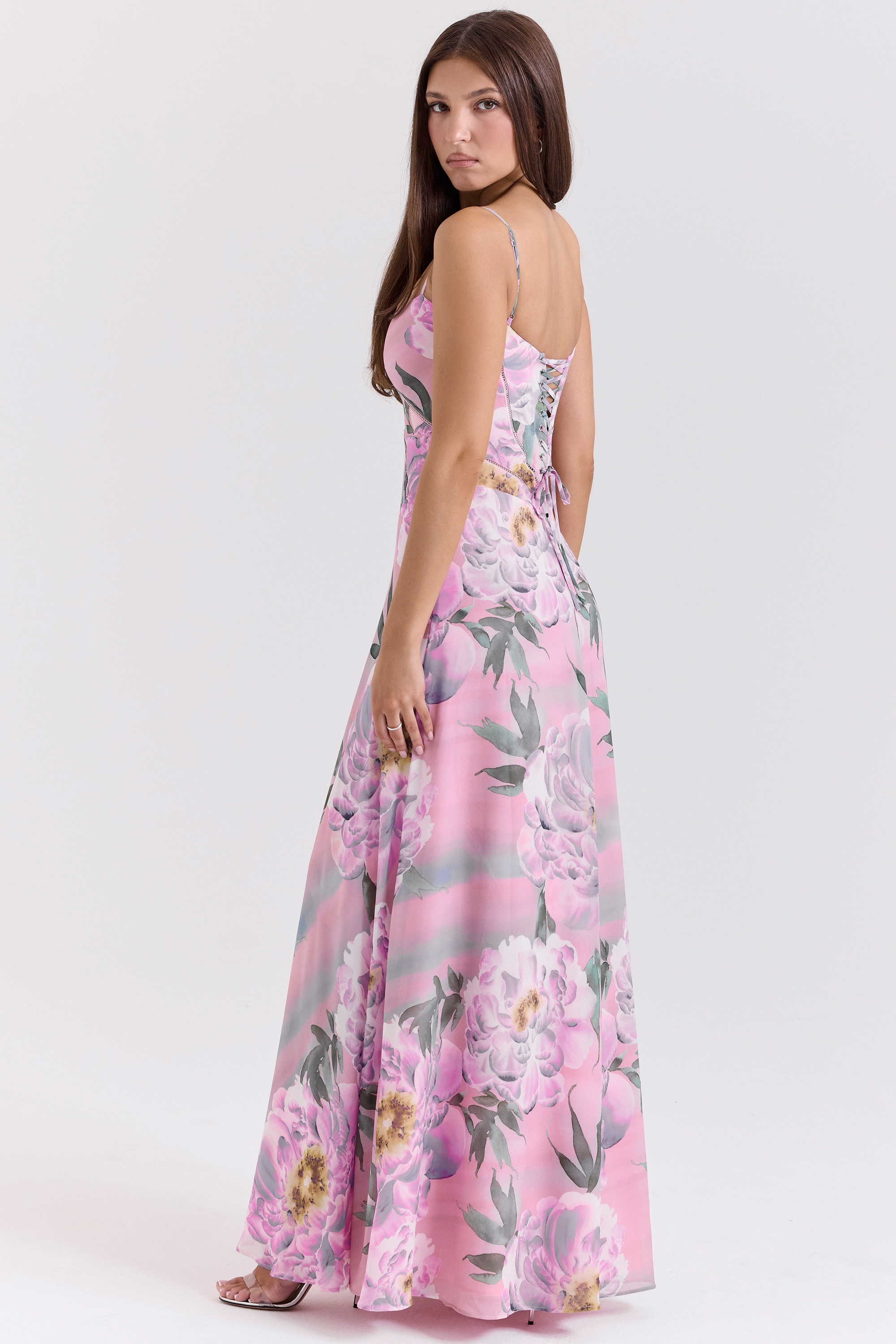 Seren-Pink Floral Print Lace Back Maxi Dress