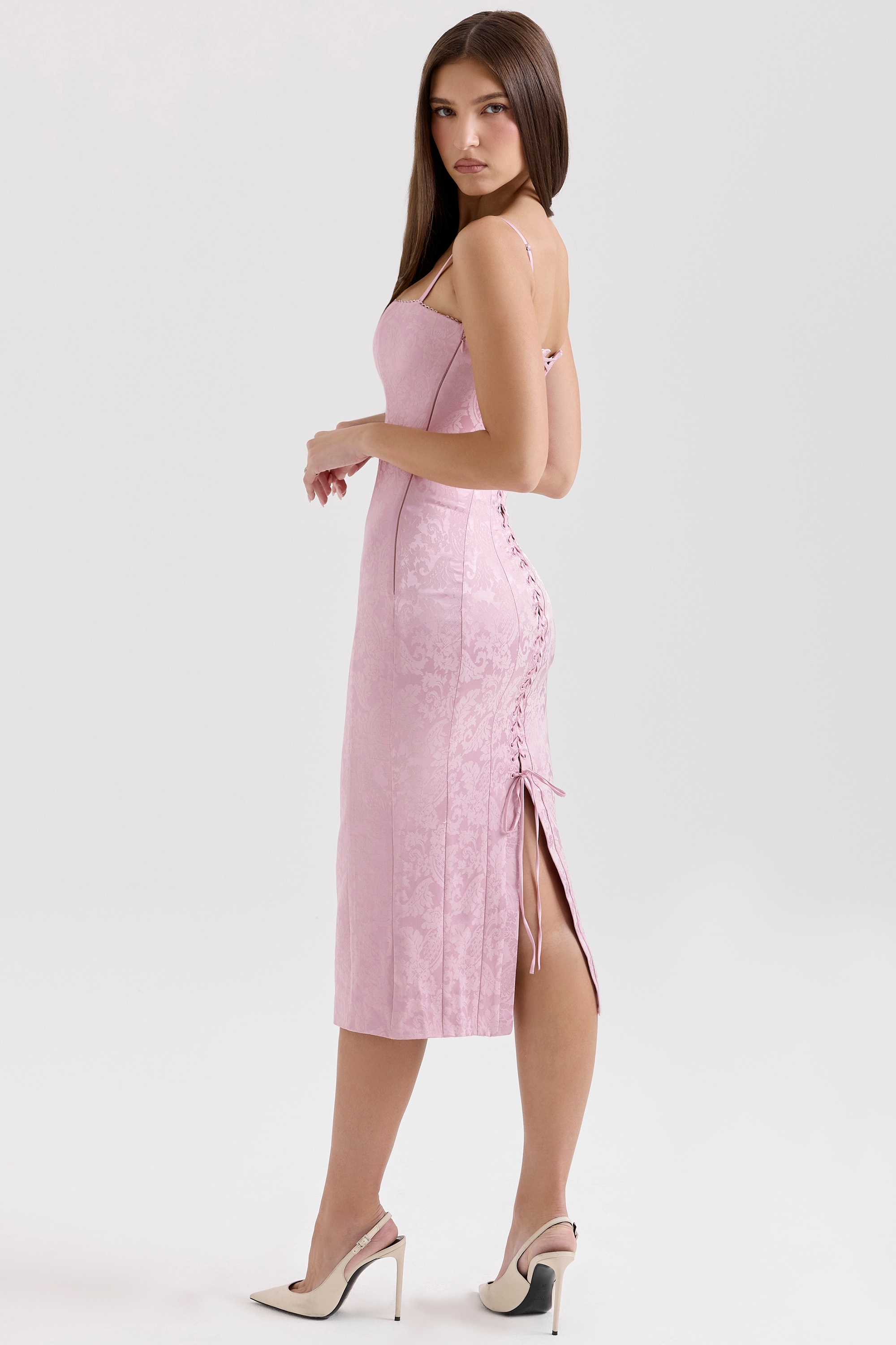 Ophelle-Pink Jacquard Lace Up Bodycon Midi Dress