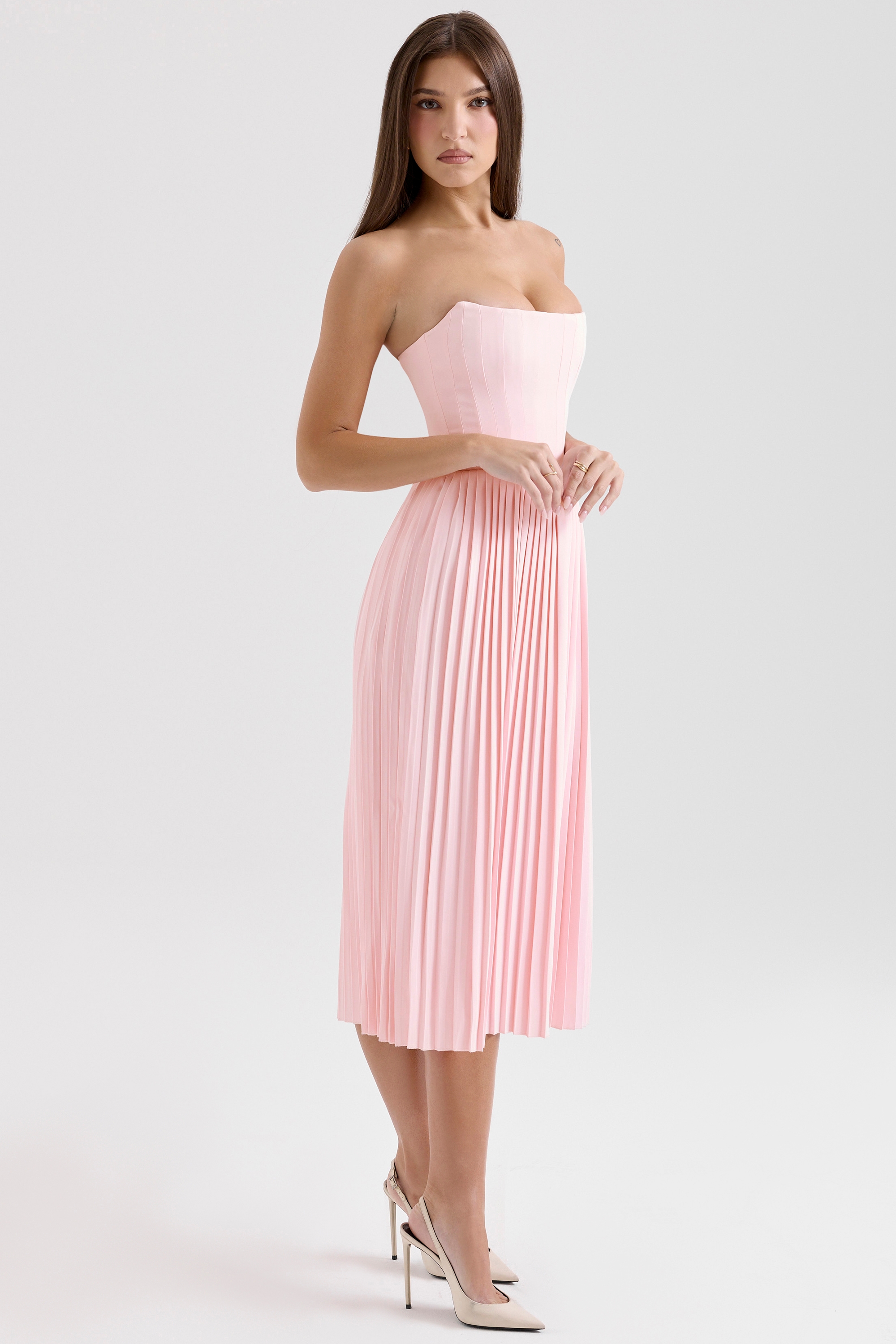 Marci-Pink Pleated Midi Corset Dress