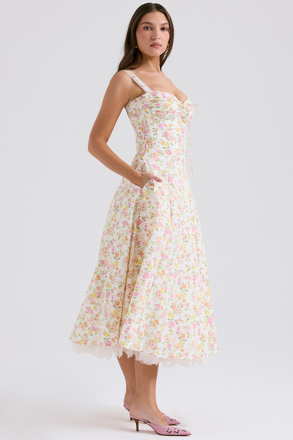 Rosalee-Ivory Meadow Print Cotton Bustier Sundress