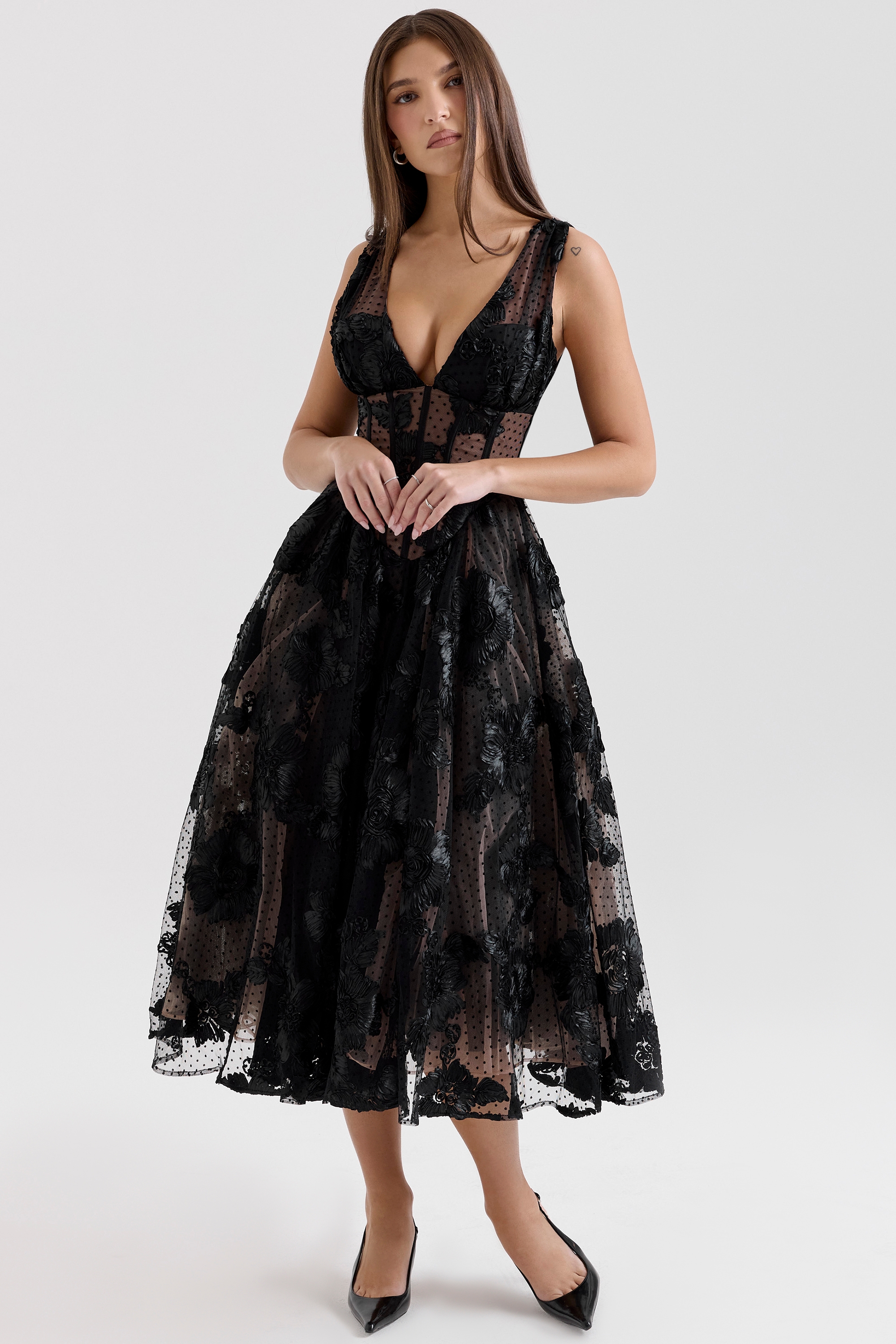 Sianna-Black Embroidered Tulle Corset Midi Dress