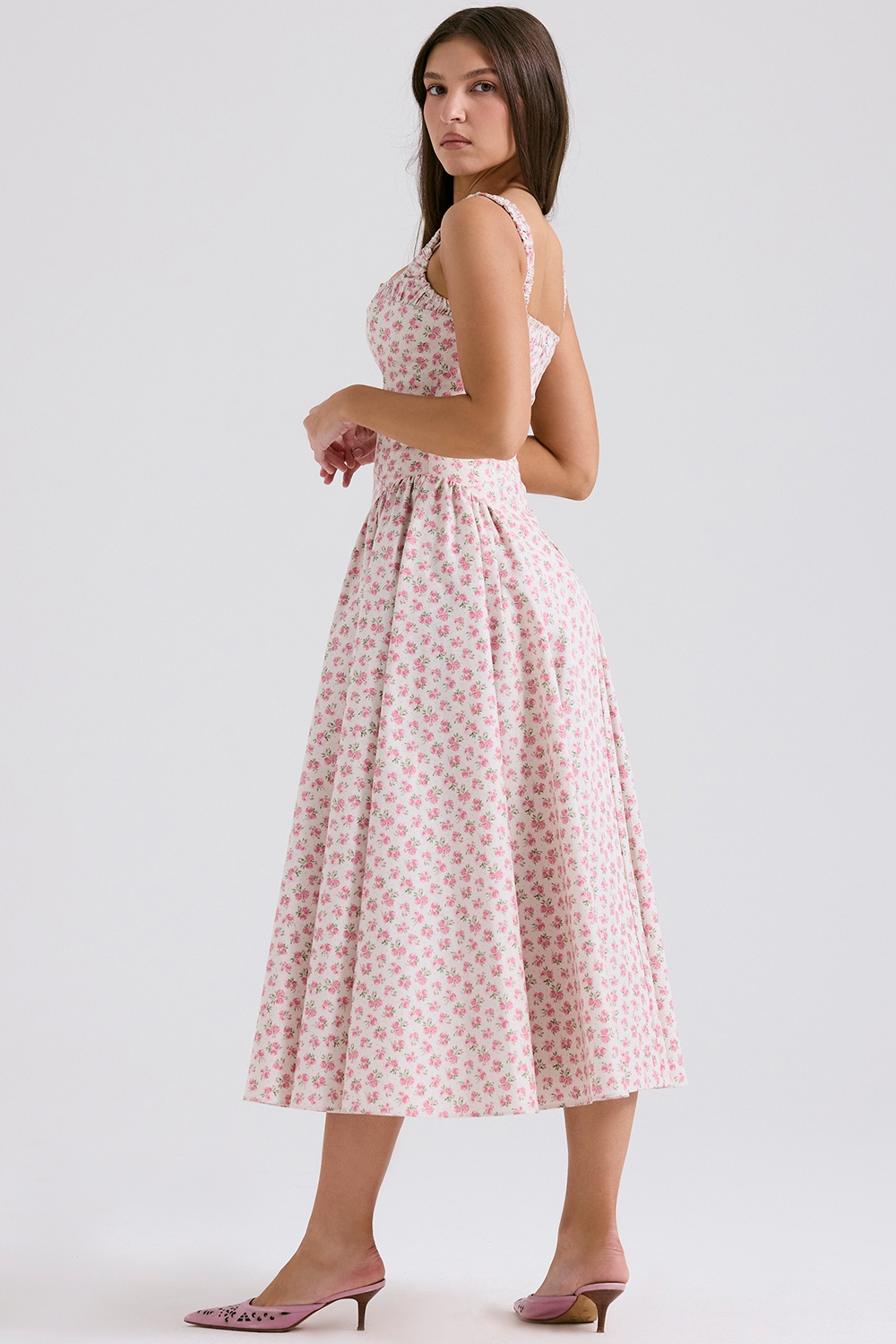 Dorothy-White Rosebud Print Cotton Midi Sundress