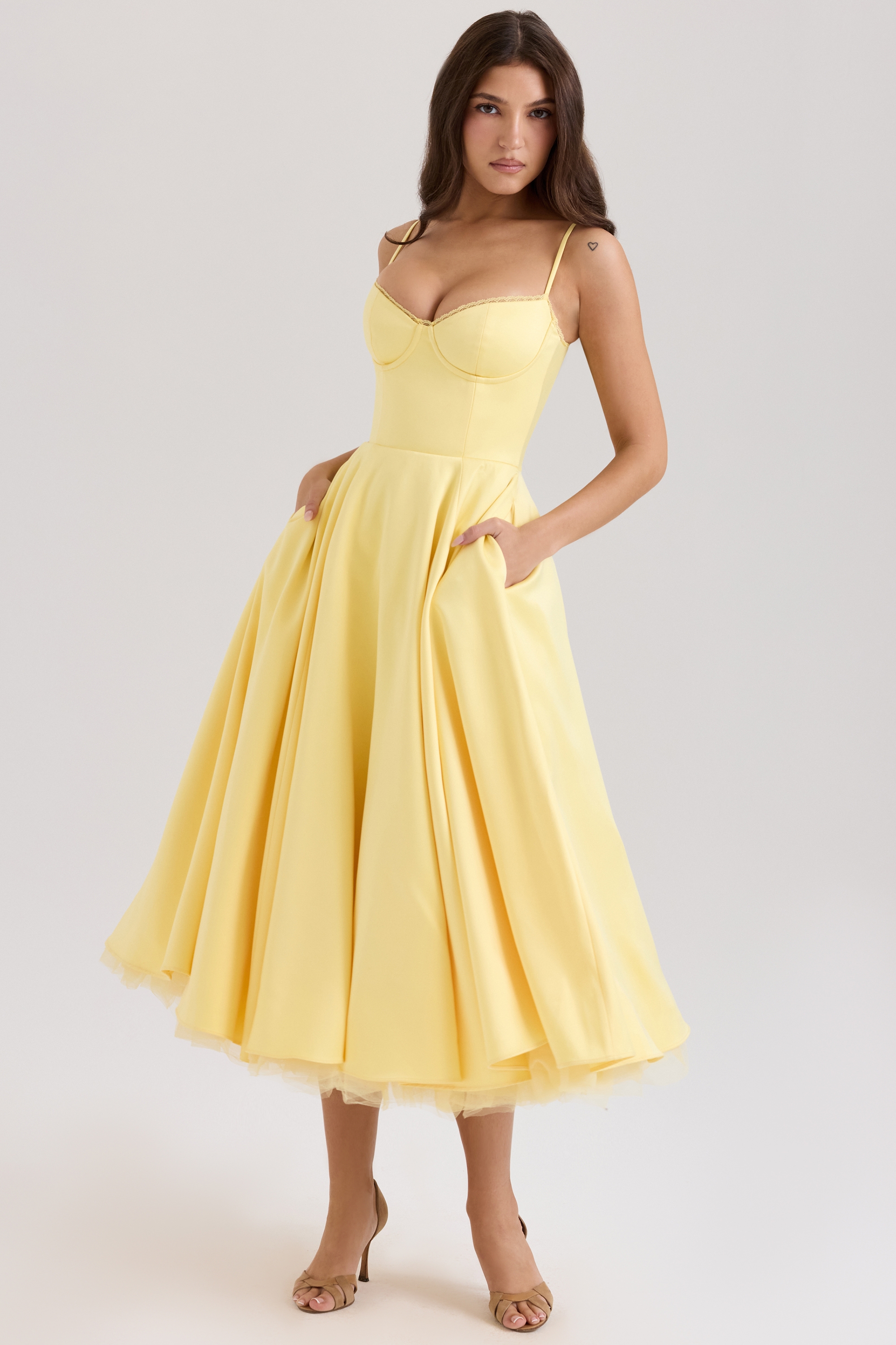 Mademoiselle-Sunshine Yellow Satin Tulle Midi Dress