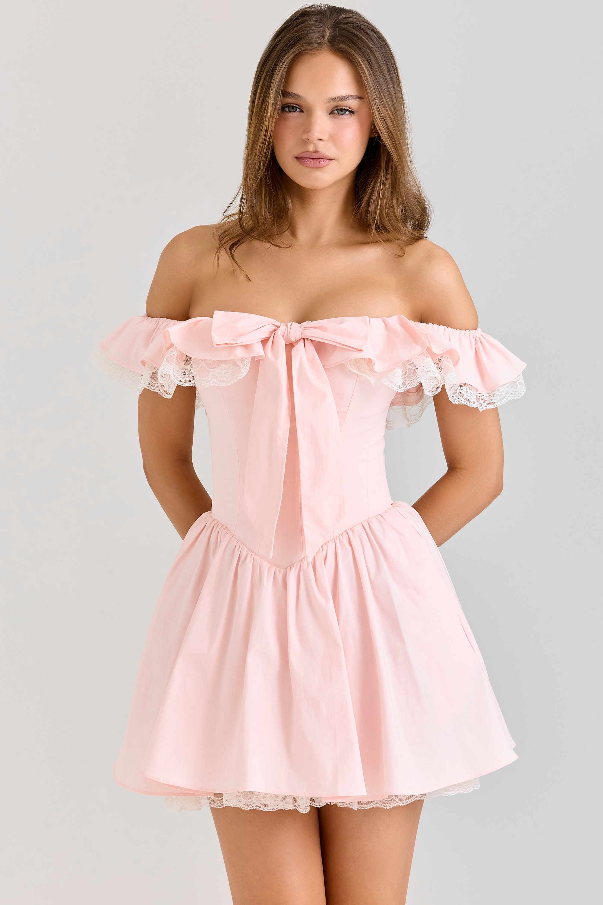 Jaide-Pink Stretch Cotton Off Shoulder Corset Mini Dress
